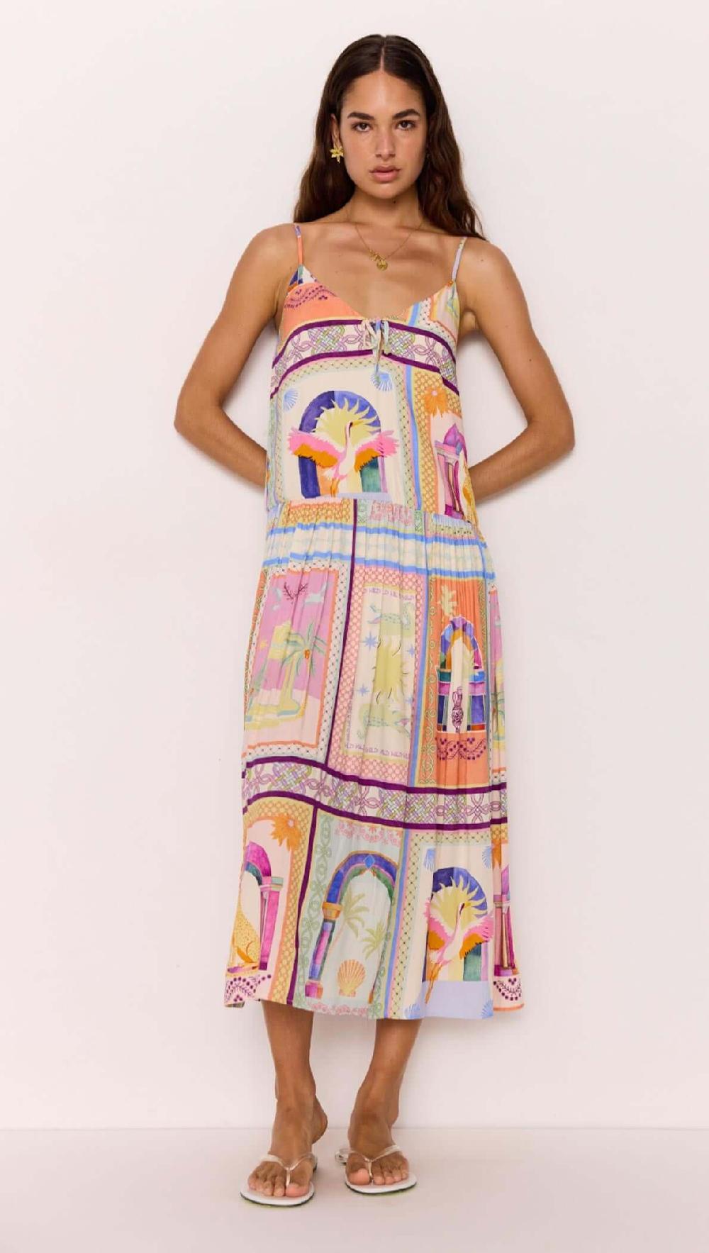 minkpink Dropped-Waist Strappy Midi Dress in Multicolour Print