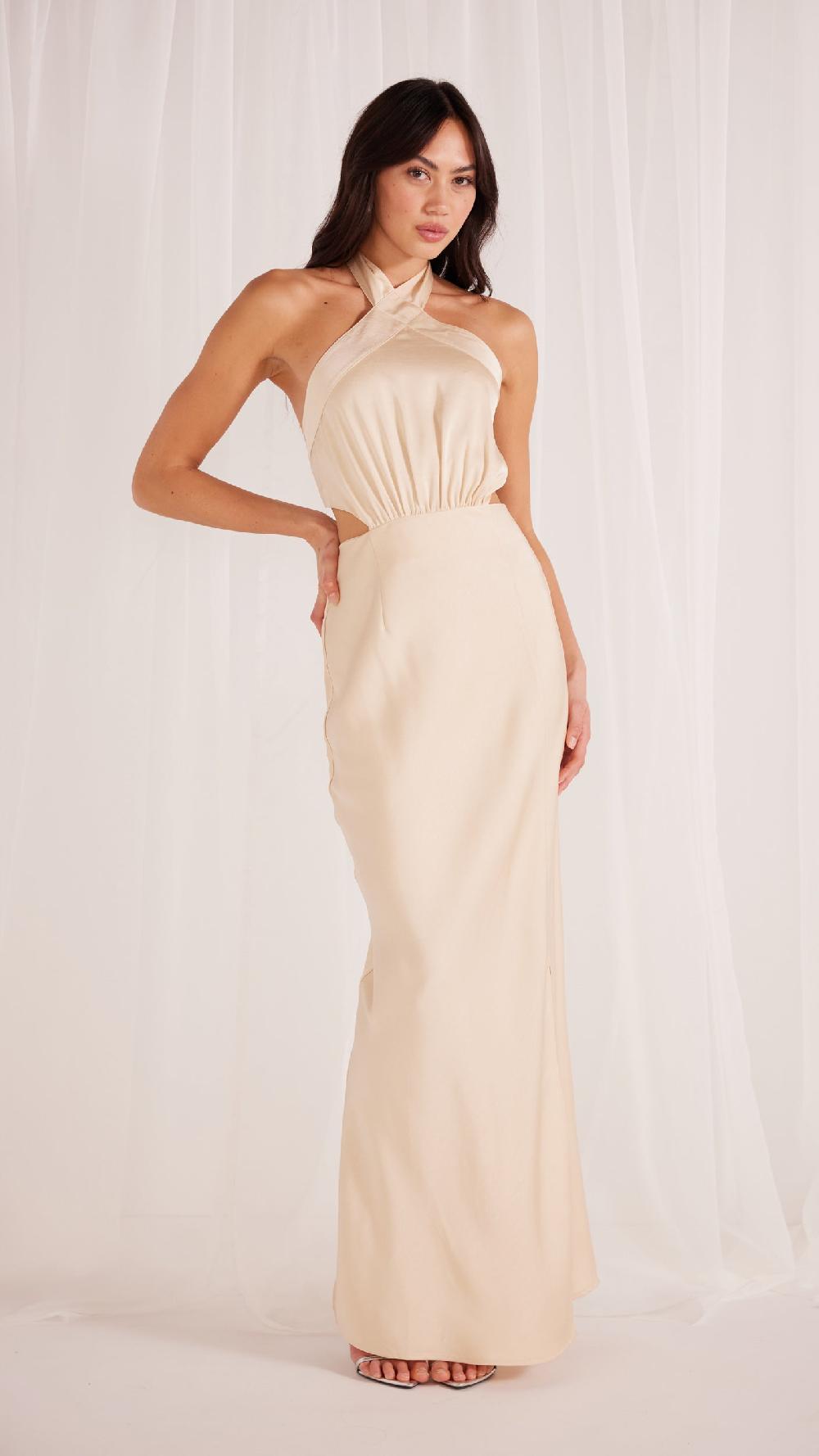 minkpink Finlay Satin Halter Gown Champagne - Final Sale