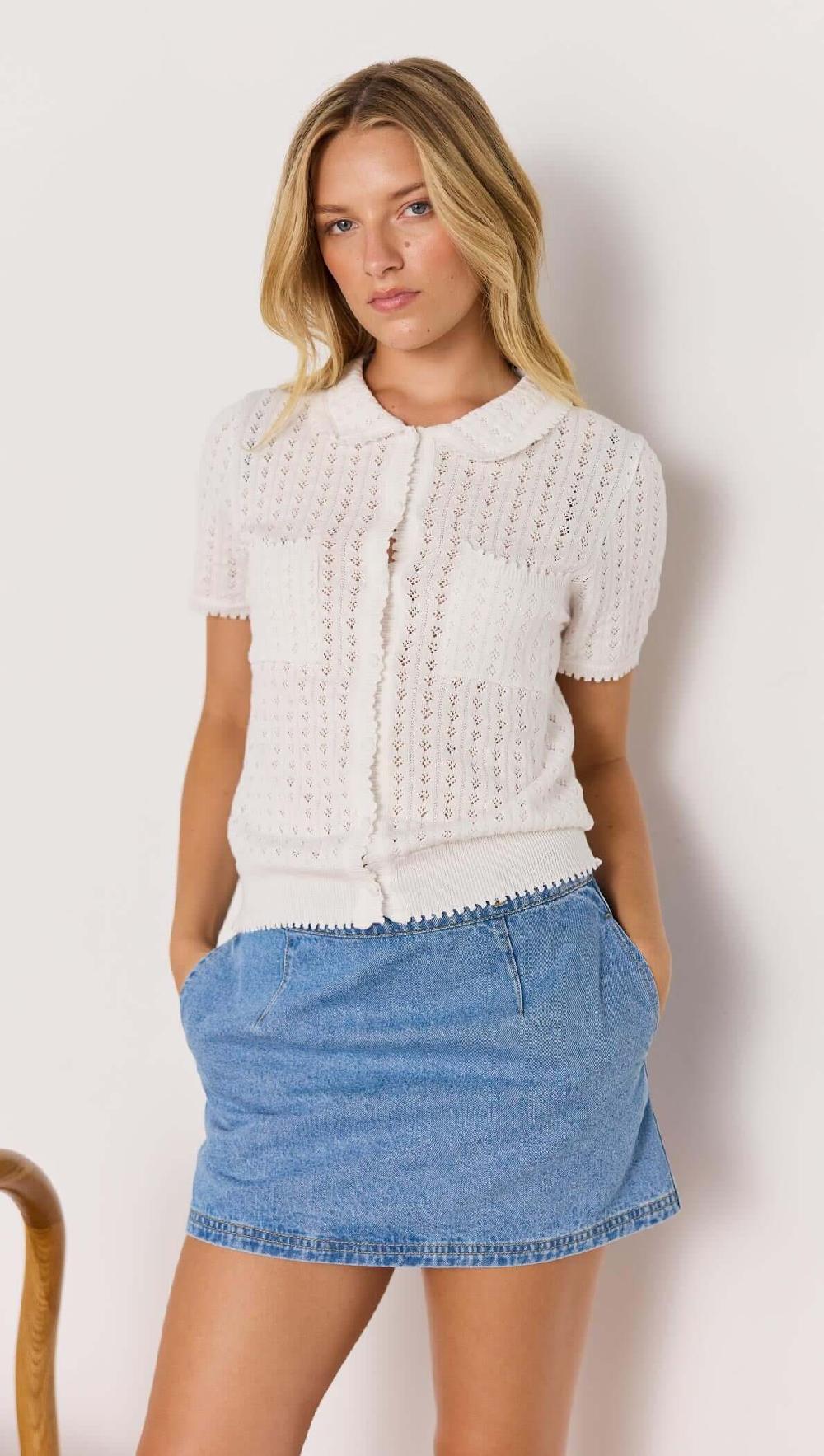 Minkpink French Pointelle Short Sleeve Knit Top In White