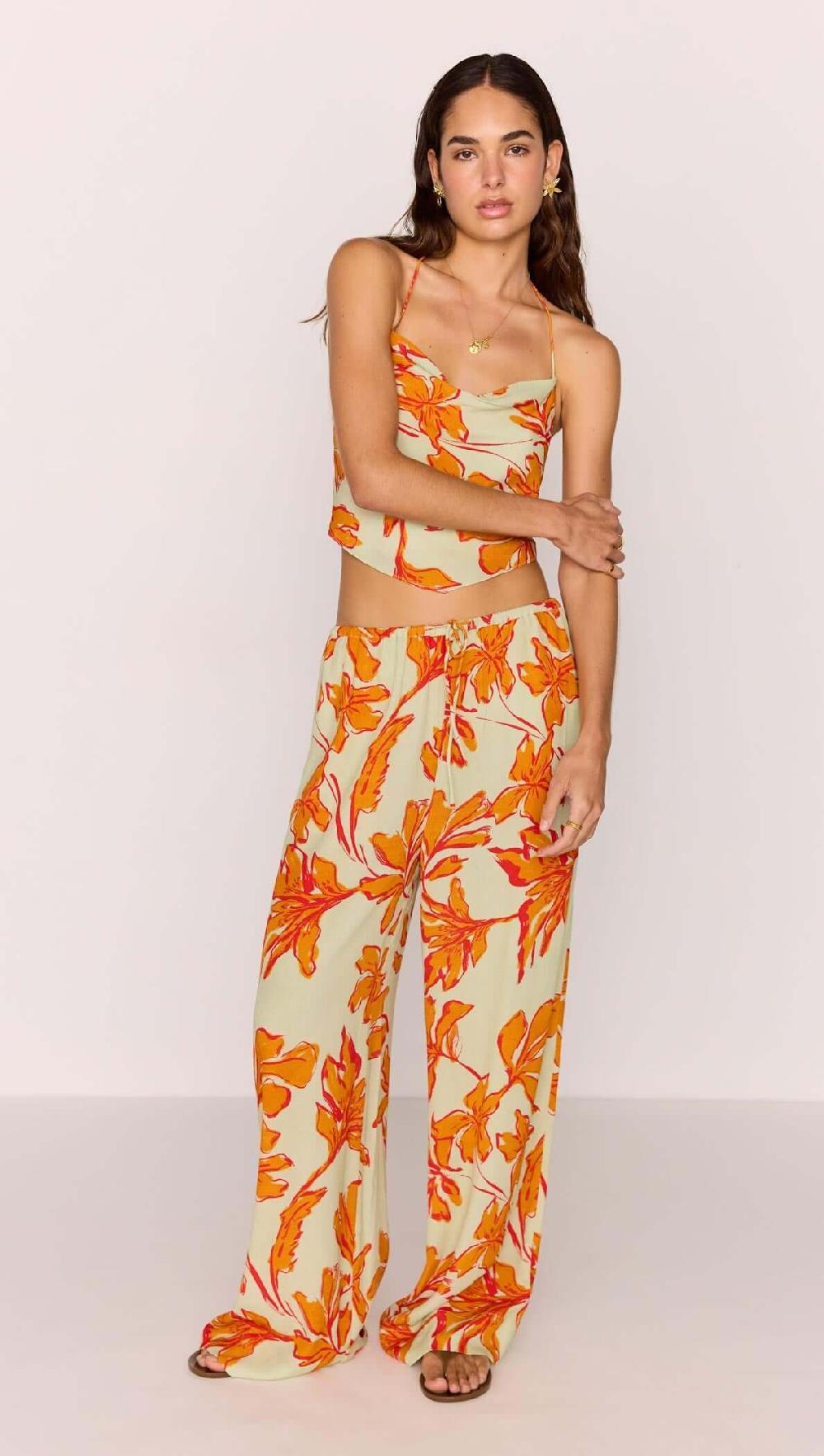 Minkpink Green & Orange Floral Drawstring Wide Leg Pant