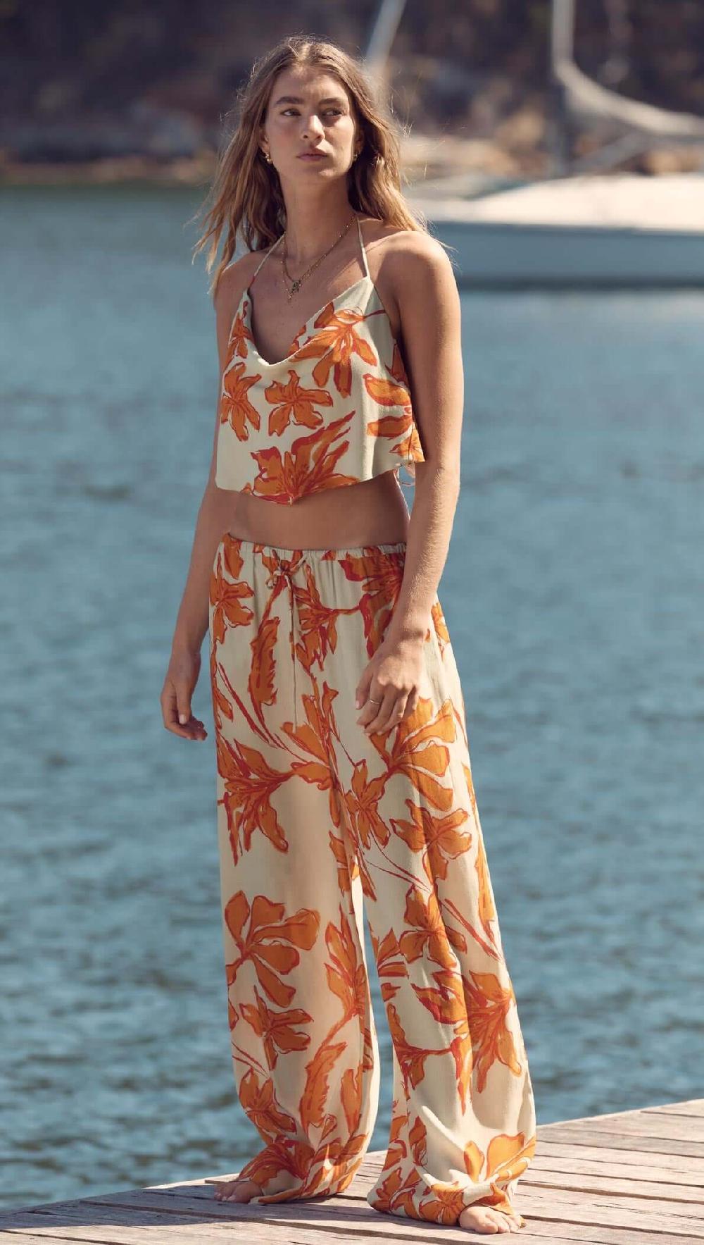 Minkpink Green & Orange Floral Drawstring Wide Leg Pant