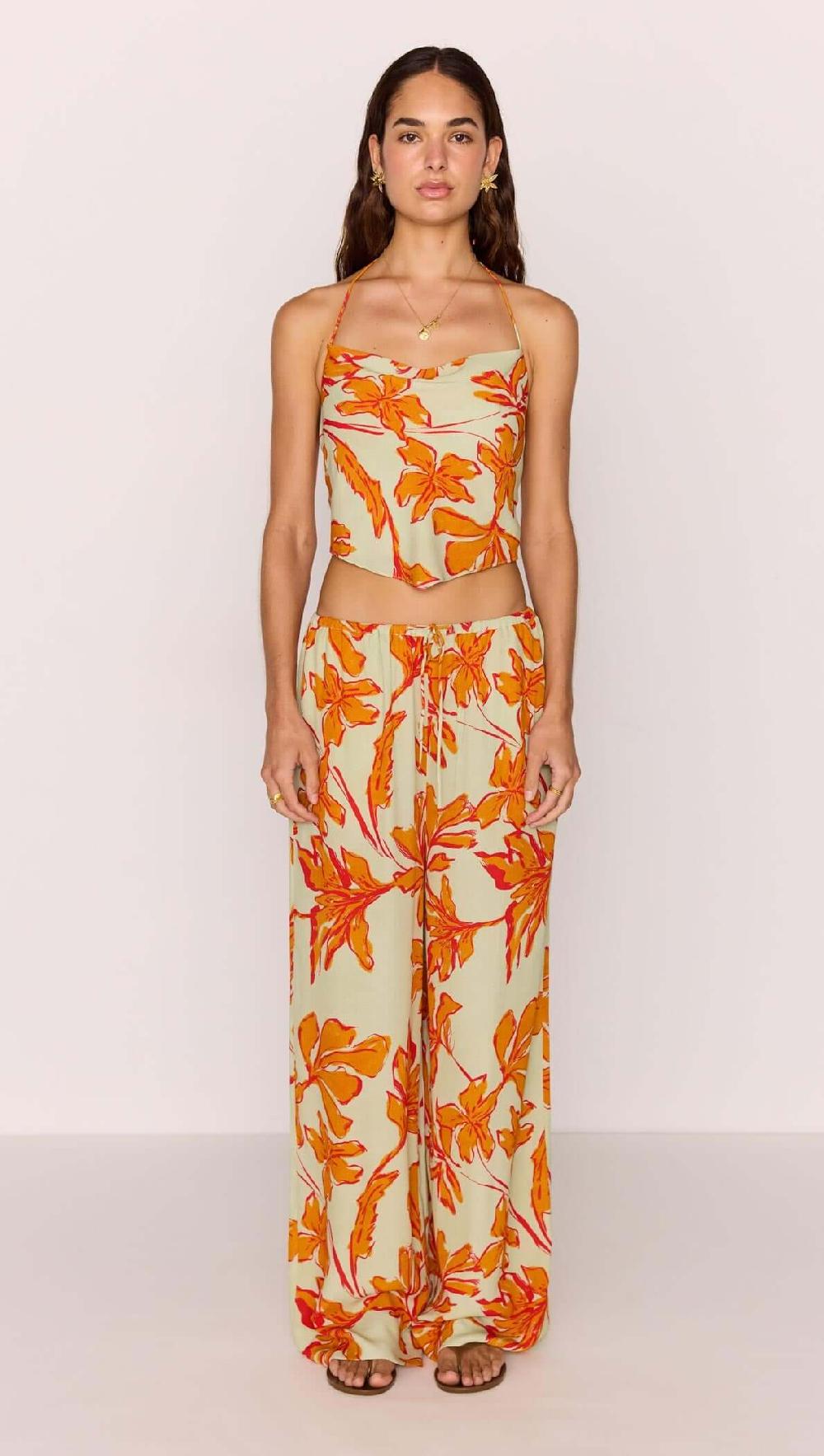 Minkpink Green & Orange Floral Drawstring Wide Leg Pant