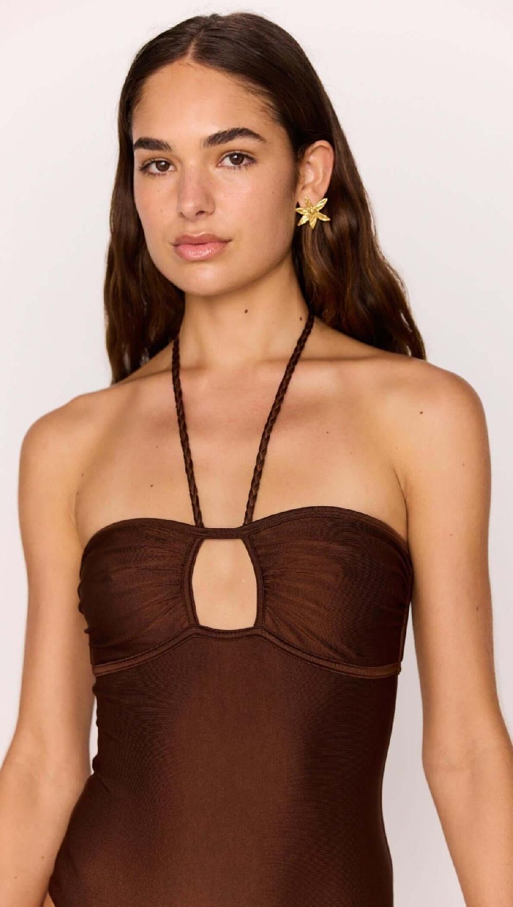 Minkpink Halter-Neck One Piece Swimsuit In Chocolate Brown With Cut-Out Detail