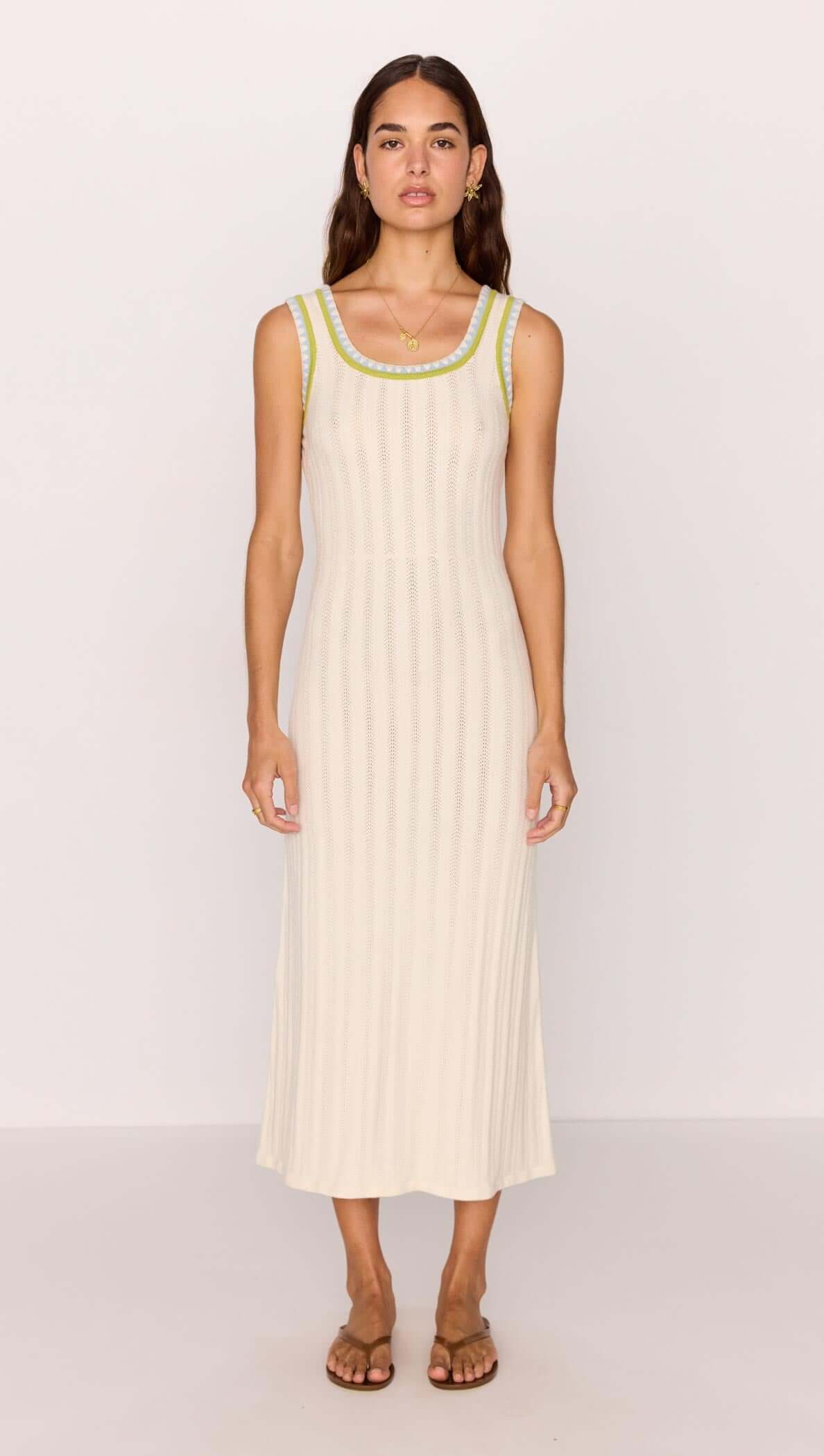 minkpink Knit Midi Dress in White with Contrast Green Trim