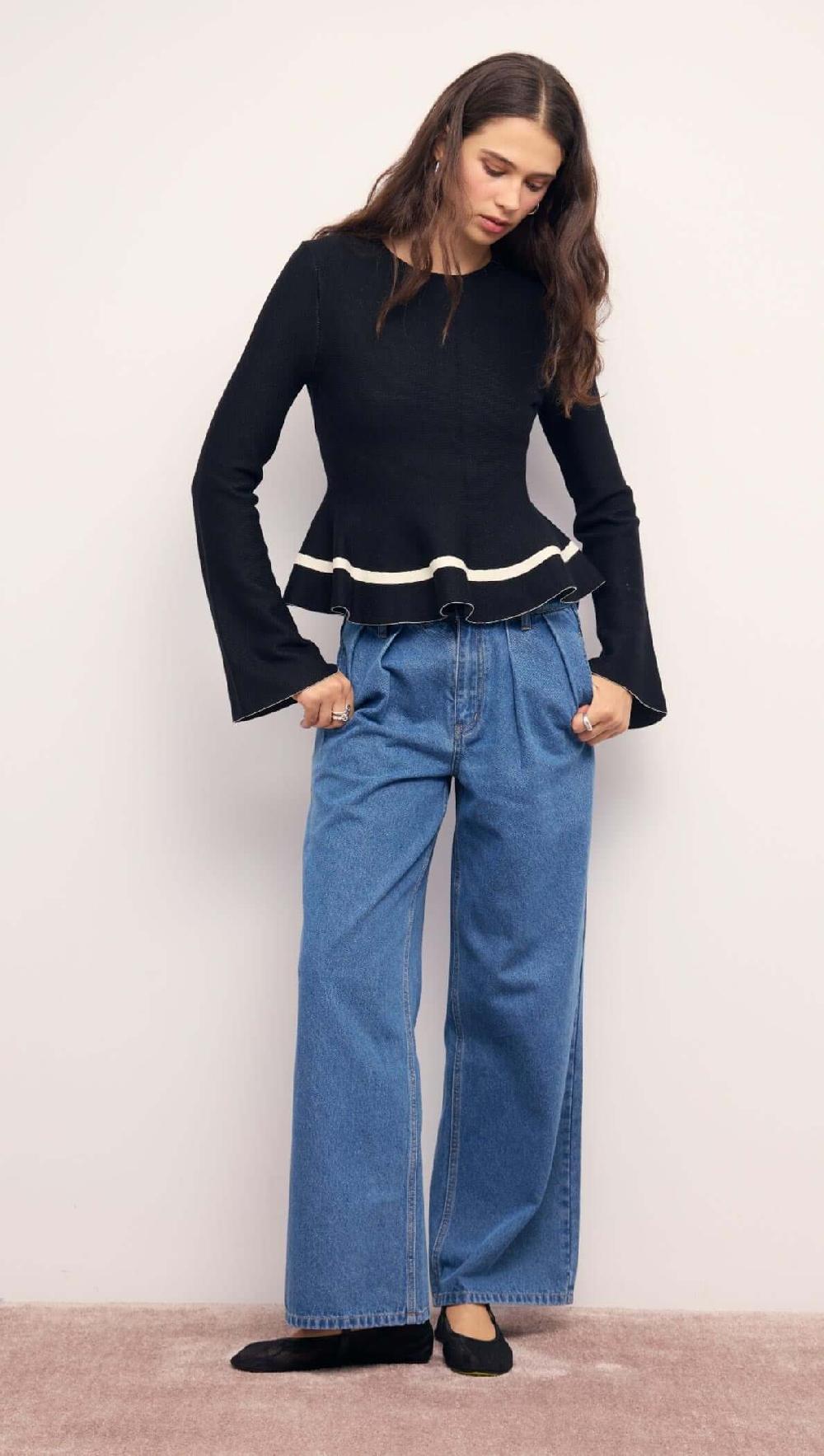 Minkpink Black Peplum Knit Top With Contrast Trim