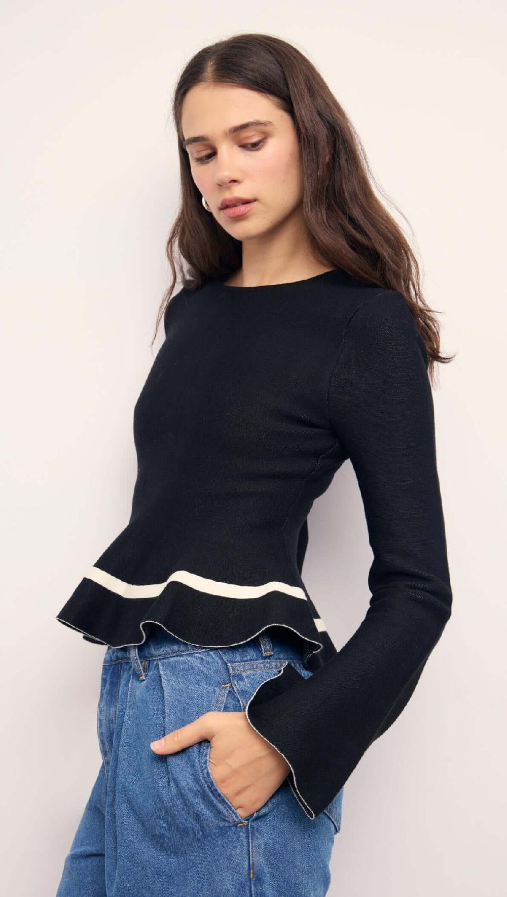 minkpink Black Peplum Knit Top With Contrast Trim
