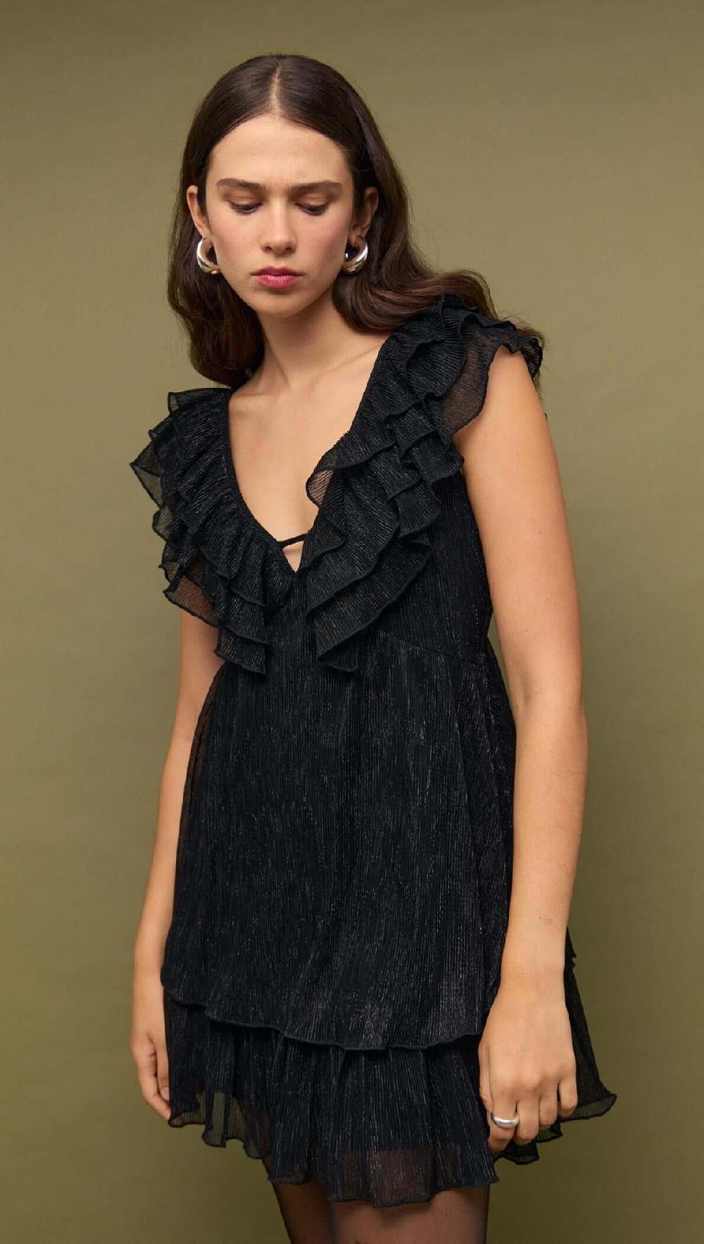 Minkpink Black Shimmer Plisse Frill Mini Dress