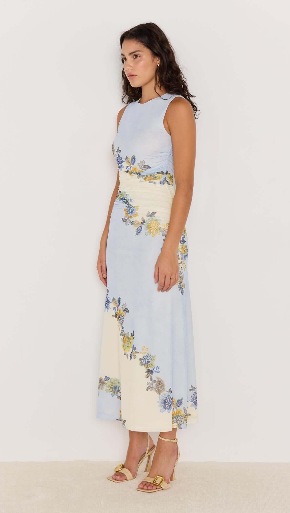 Minkpink Blue & Cream Floral Mesh Maxi Dress