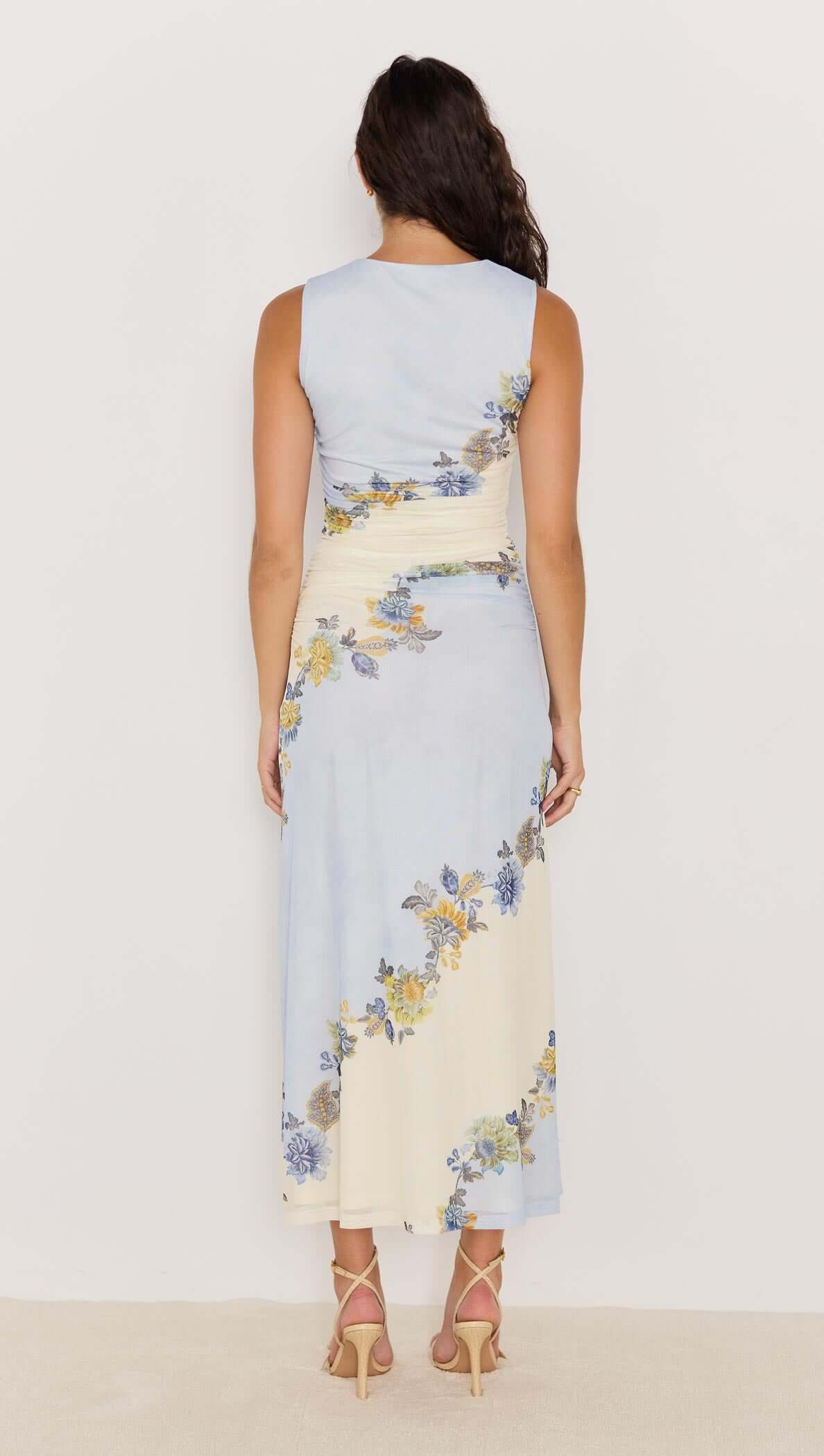 Minkpink Blue & Cream Floral Mesh Maxi Dress