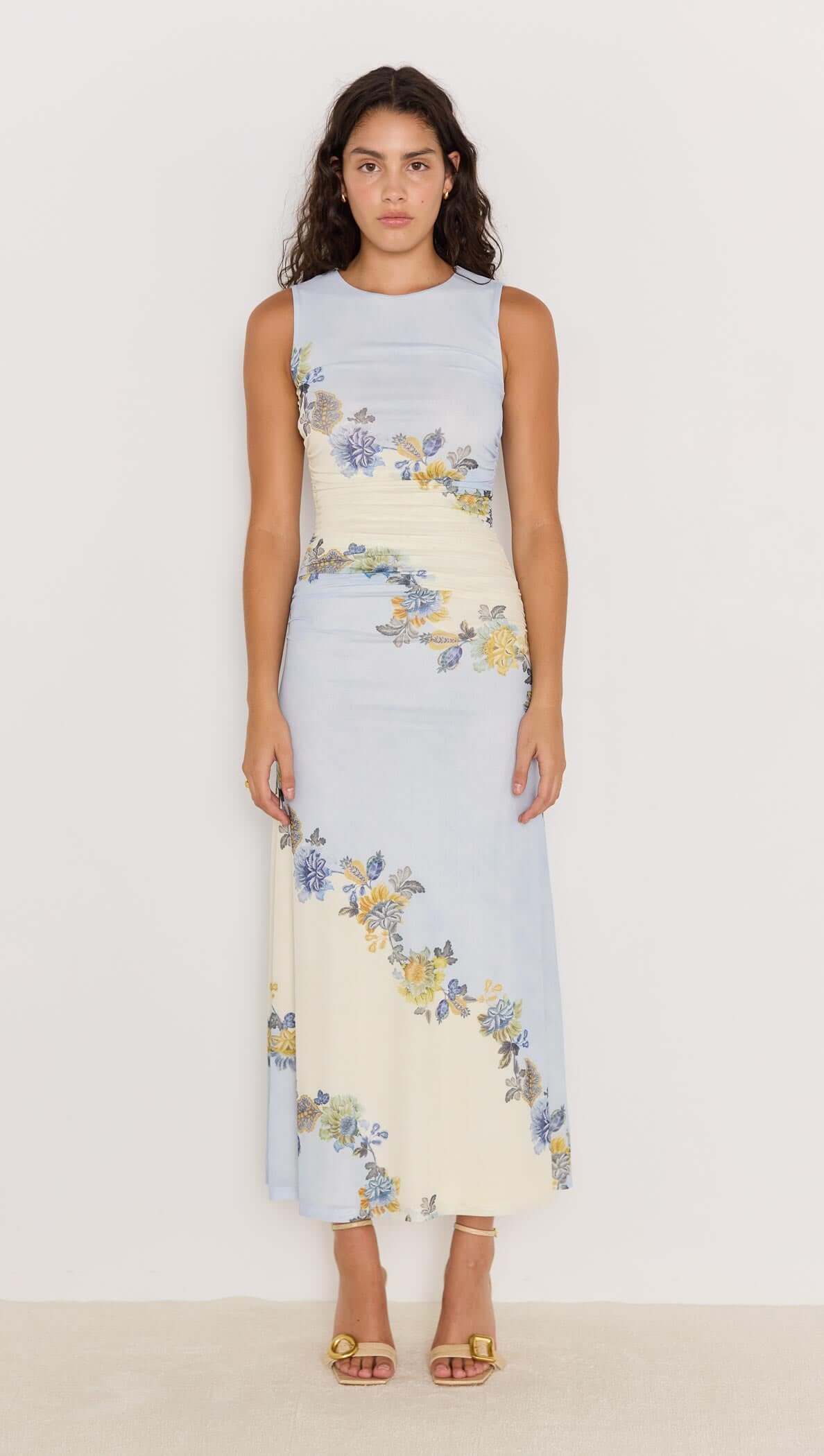 minkpink Blue & Cream Floral Mesh Maxi Dress