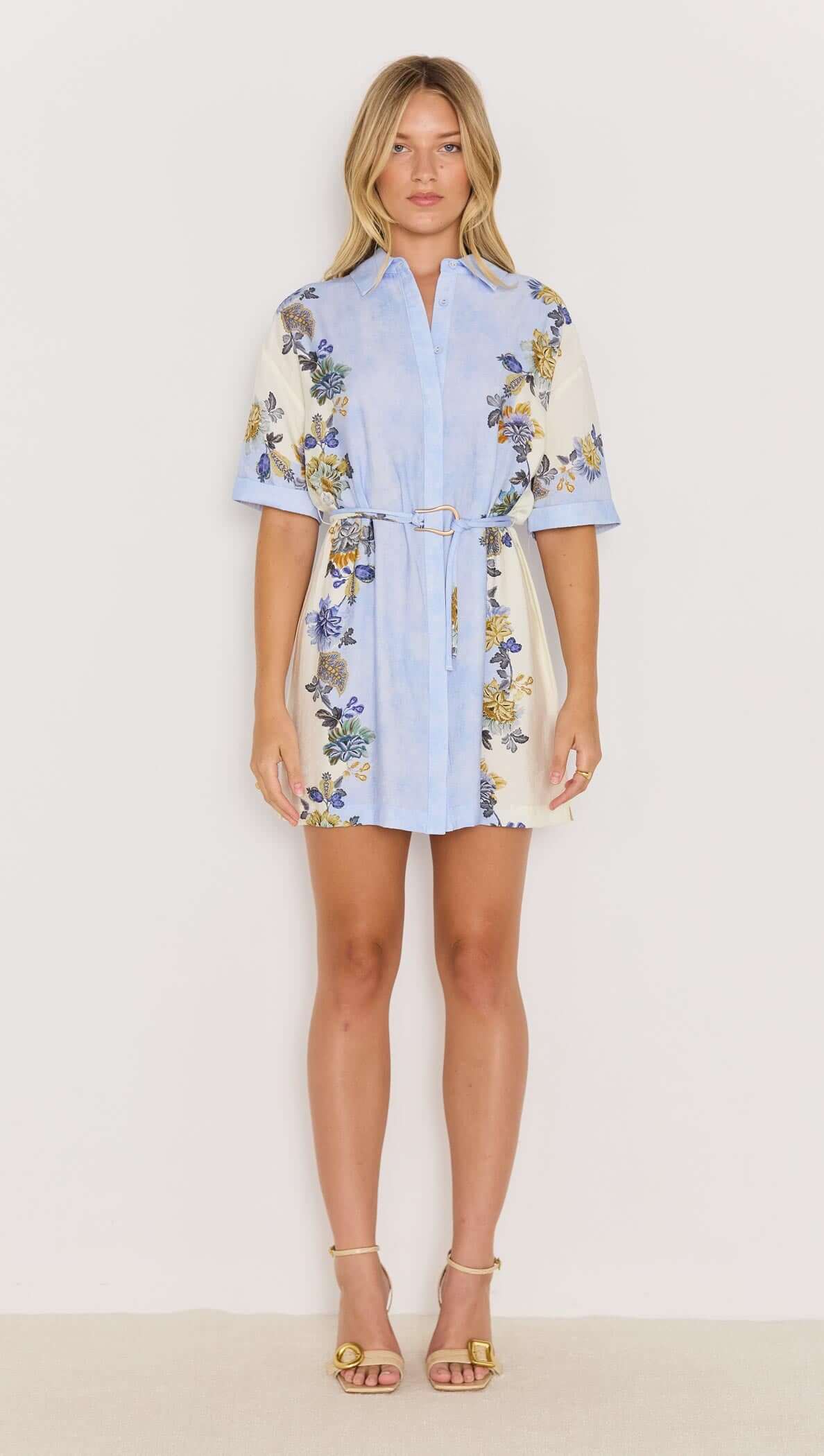 Minkpink Blue & Cream Floral Mini Shirt Dress