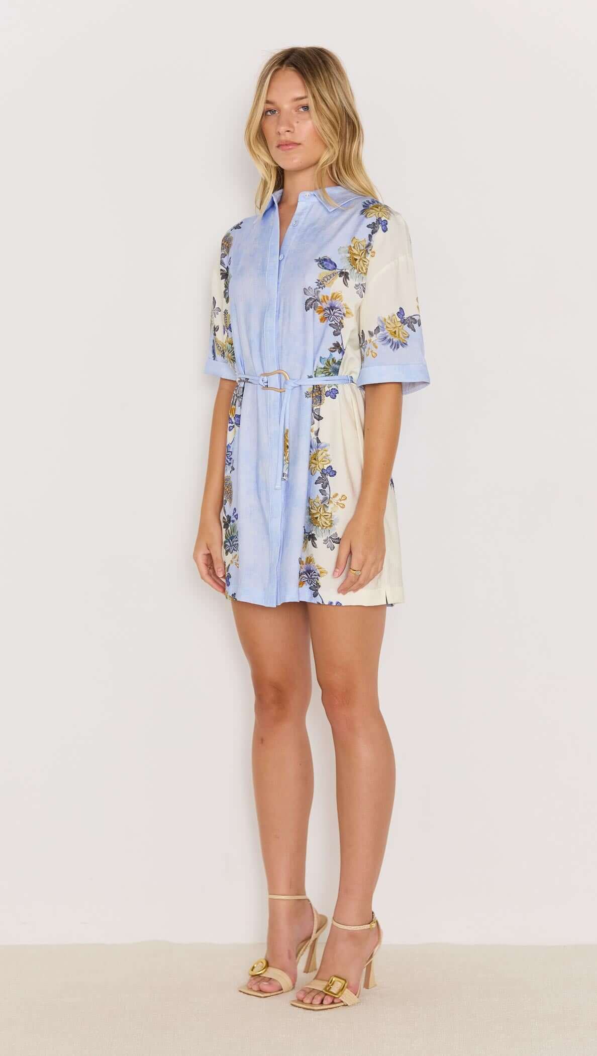 Minkpink Blue & Cream Floral Mini Shirt Dress