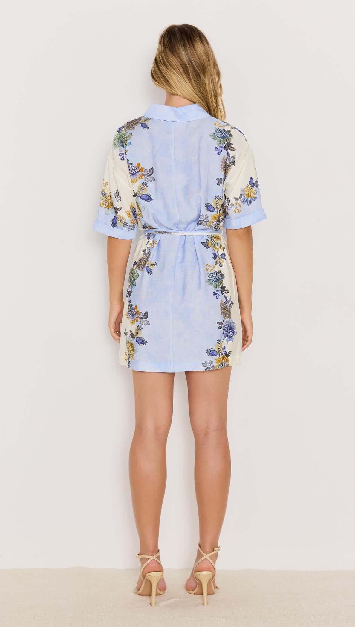 Minkpink Blue & Cream Floral Mini Shirt Dress