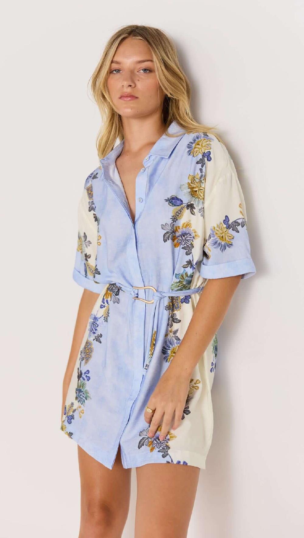 minkpink Blue & Cream Floral Mini Shirt Dress