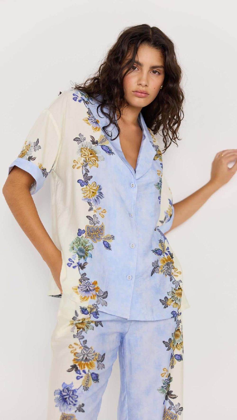 minkpink Blue & Cream Floral Resort Shirt