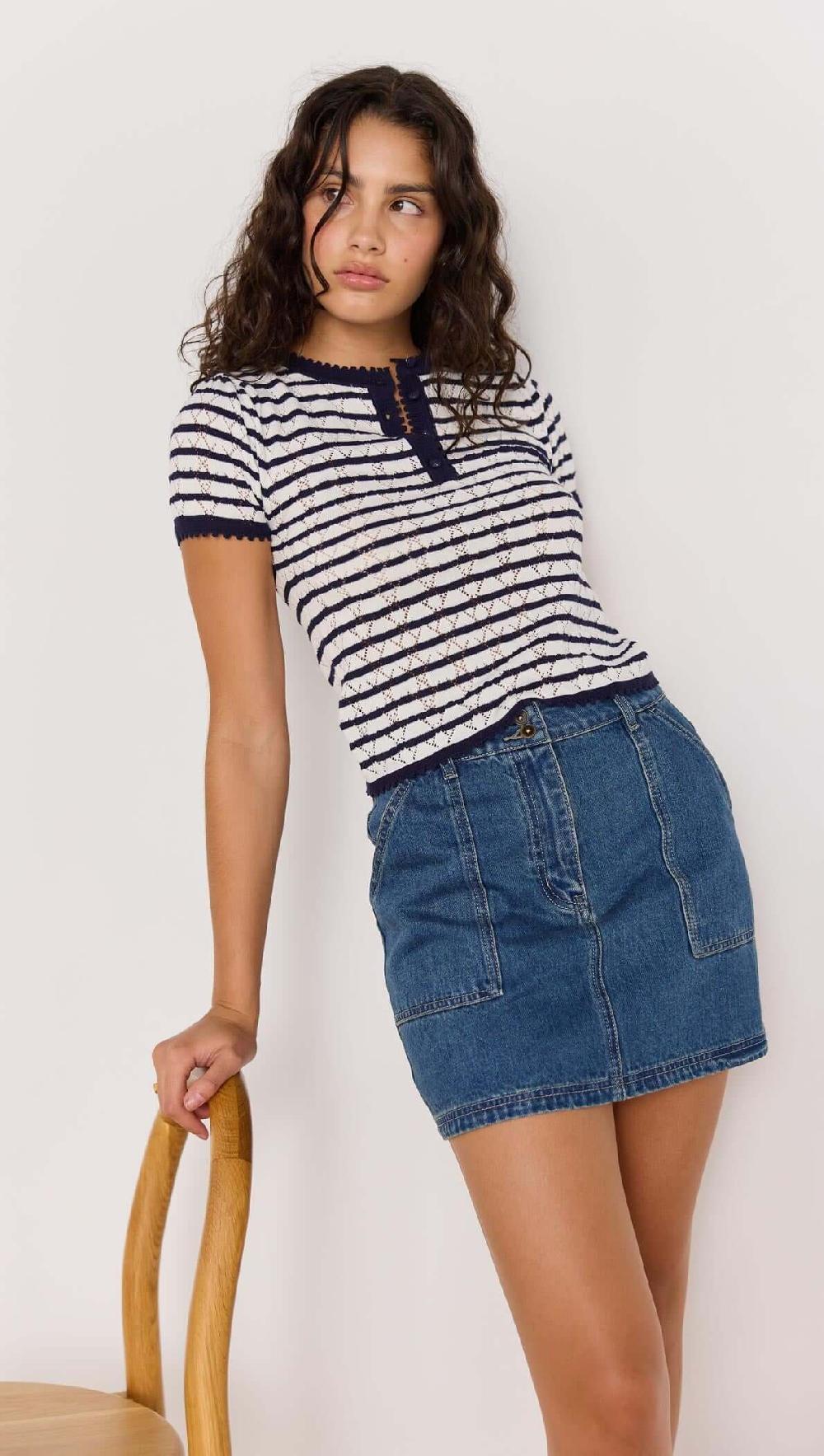 minkpink Chloe Stripe Knit Tee - Navy
