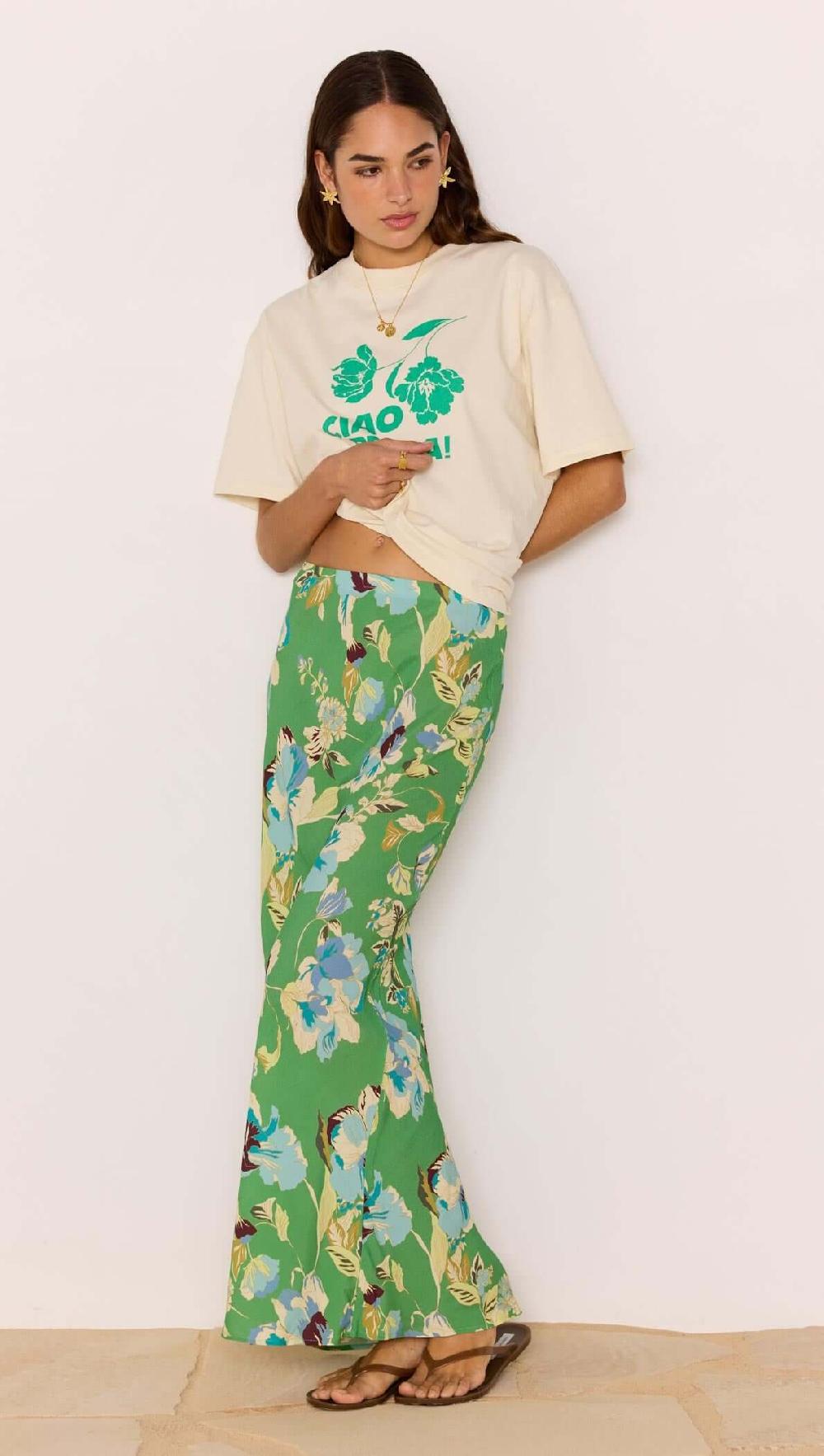 Minkpink Green Floral Bias Midi Skirt