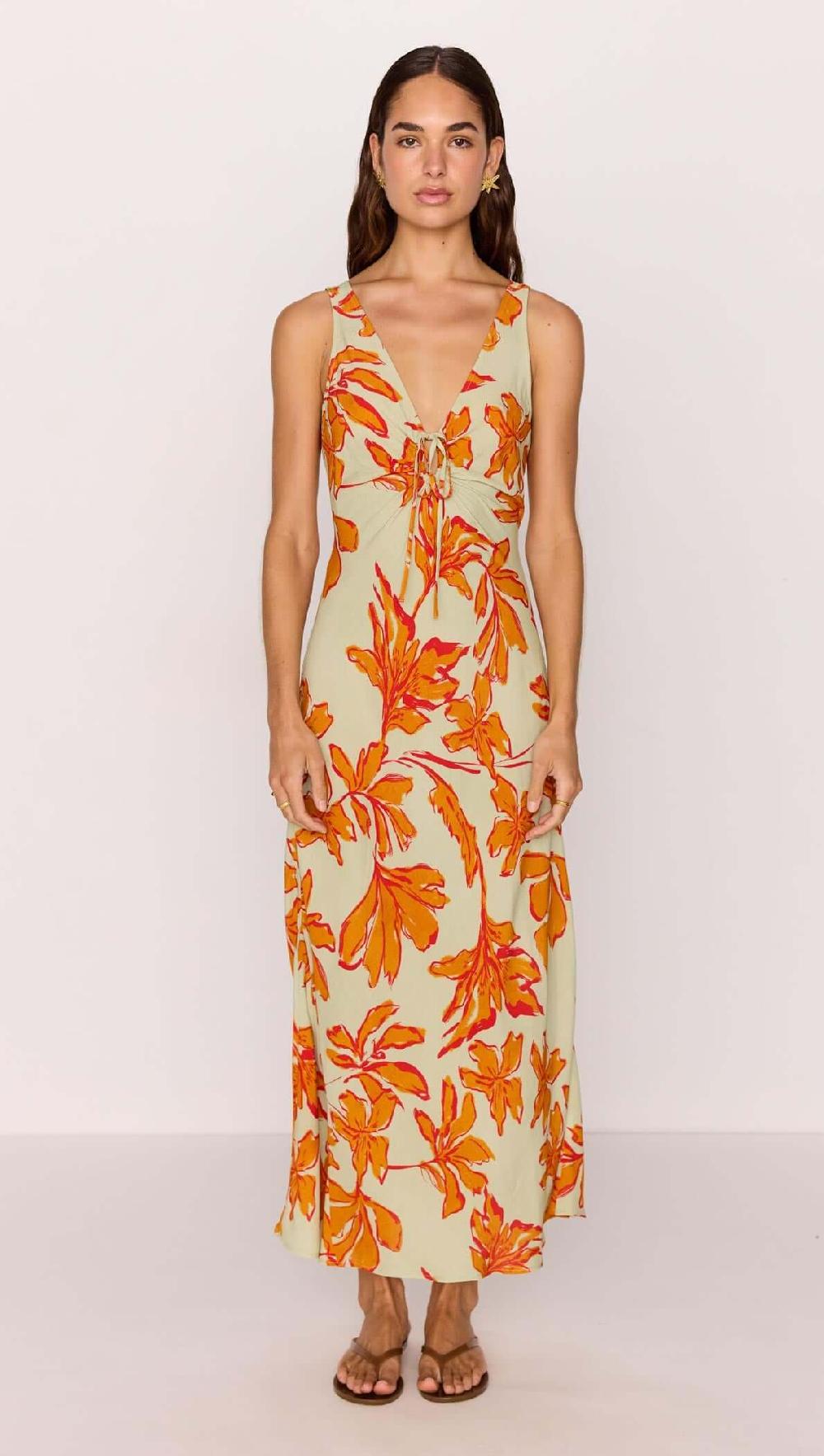 Minkpink Green & Orange Floral Keyhole Midi Dress