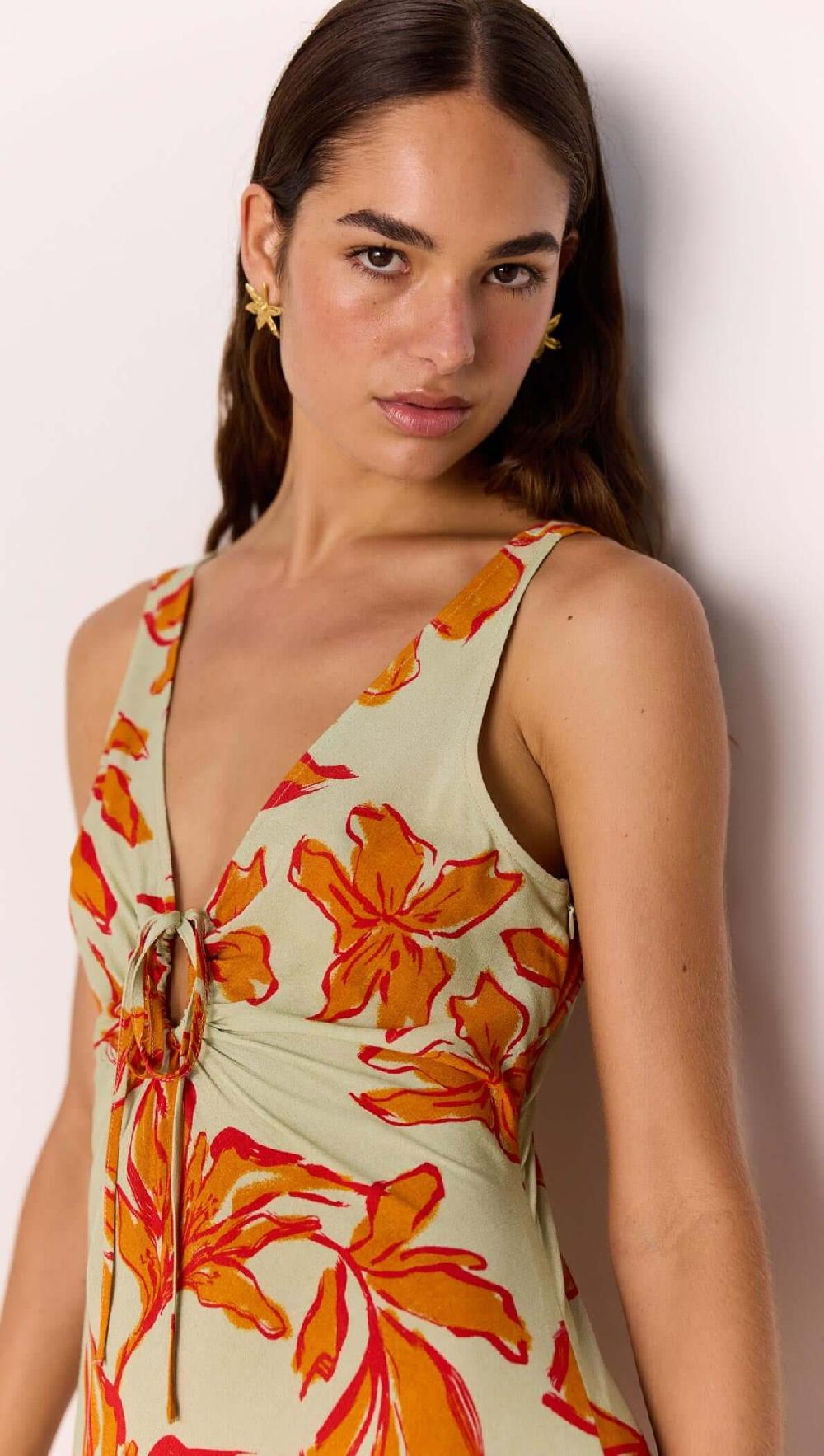 Minkpink Green & Orange Floral Keyhole Midi Dress