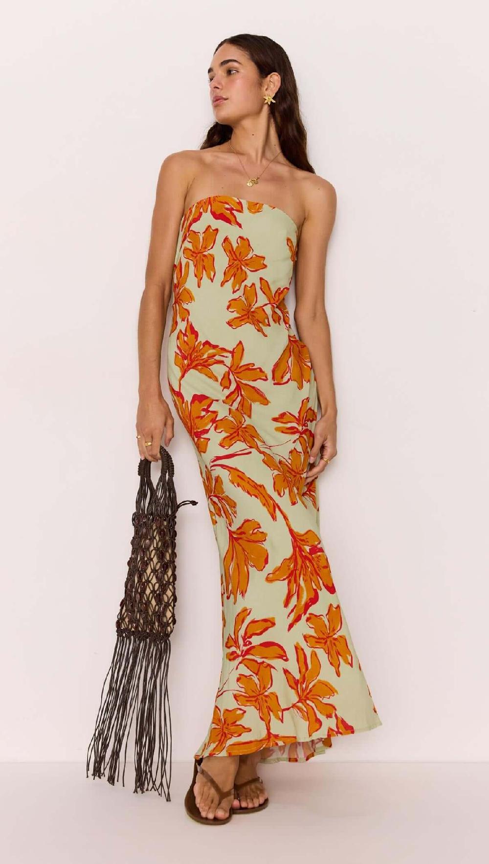 Minkpink Green & Orange Floral Strapless Maxi Dress