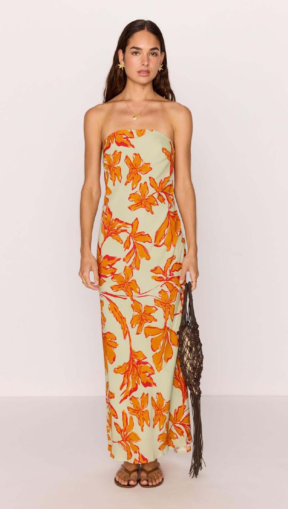 Minkpink Green & Orange Floral Strapless Maxi Dress