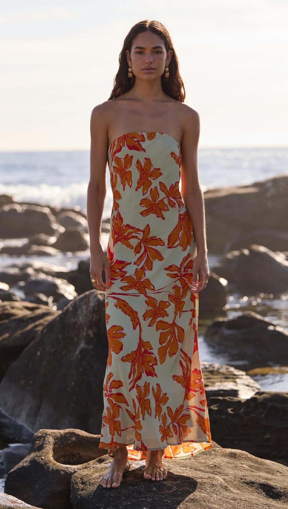 minkpink Green & Orange Floral Strapless Maxi Dress