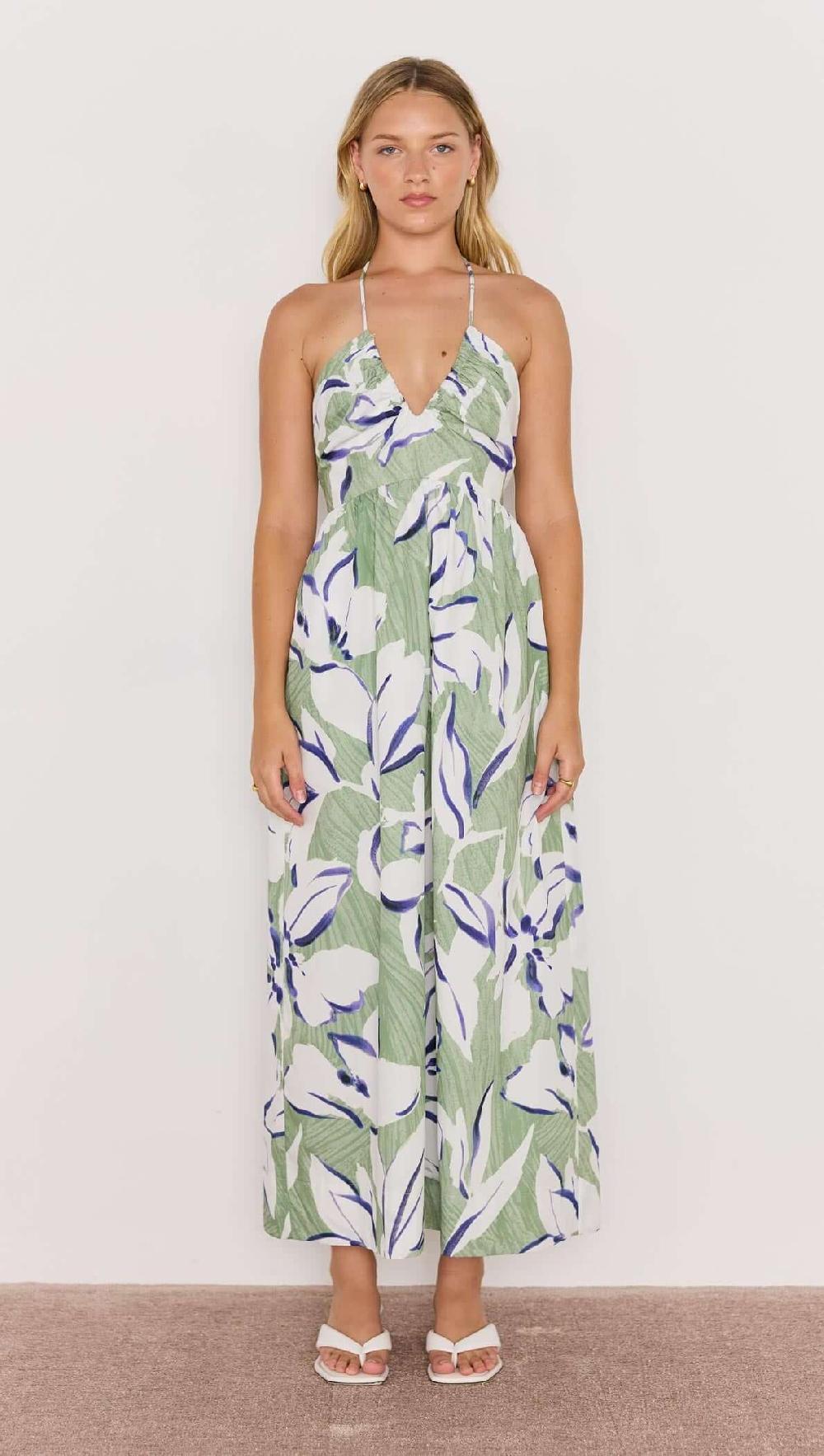 minkpink Green & White Floral Halter-Neck Midi Dress