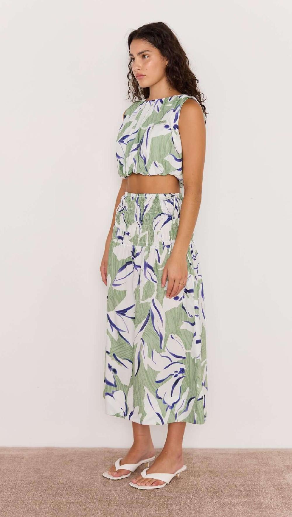 Minkpink Green & White Floral Midi Skirt