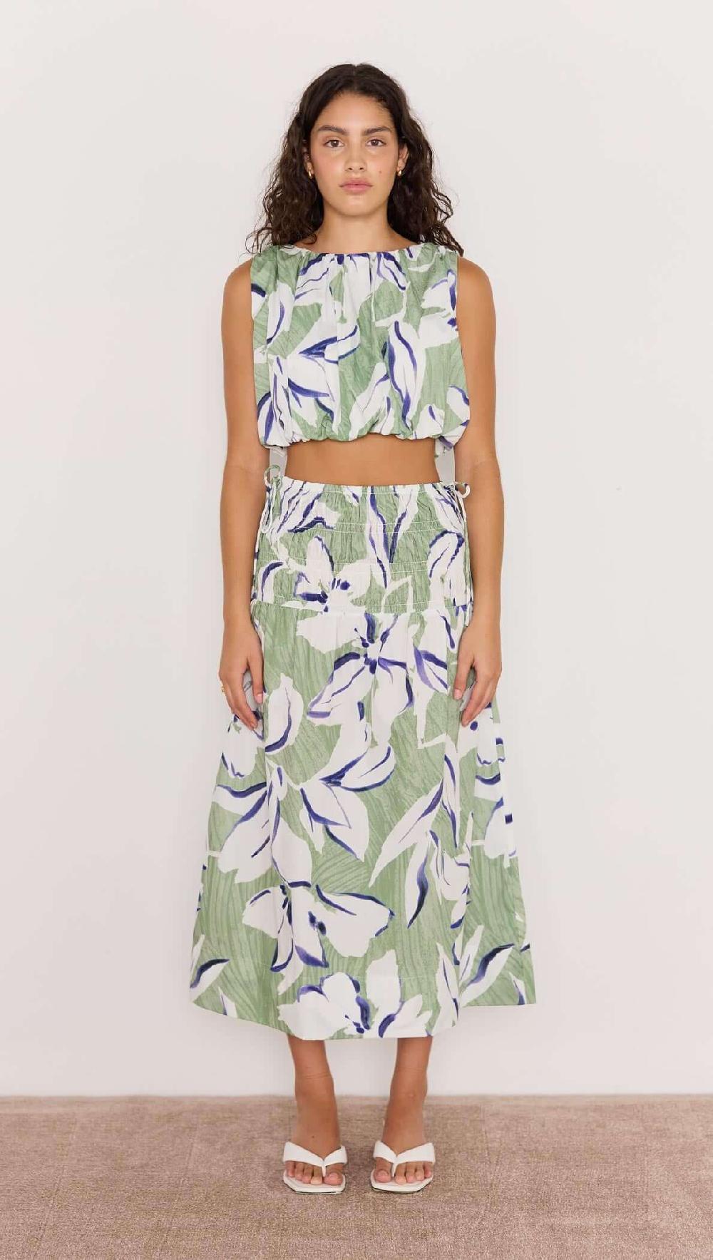 Minkpink Green & White Floral Midi Skirt