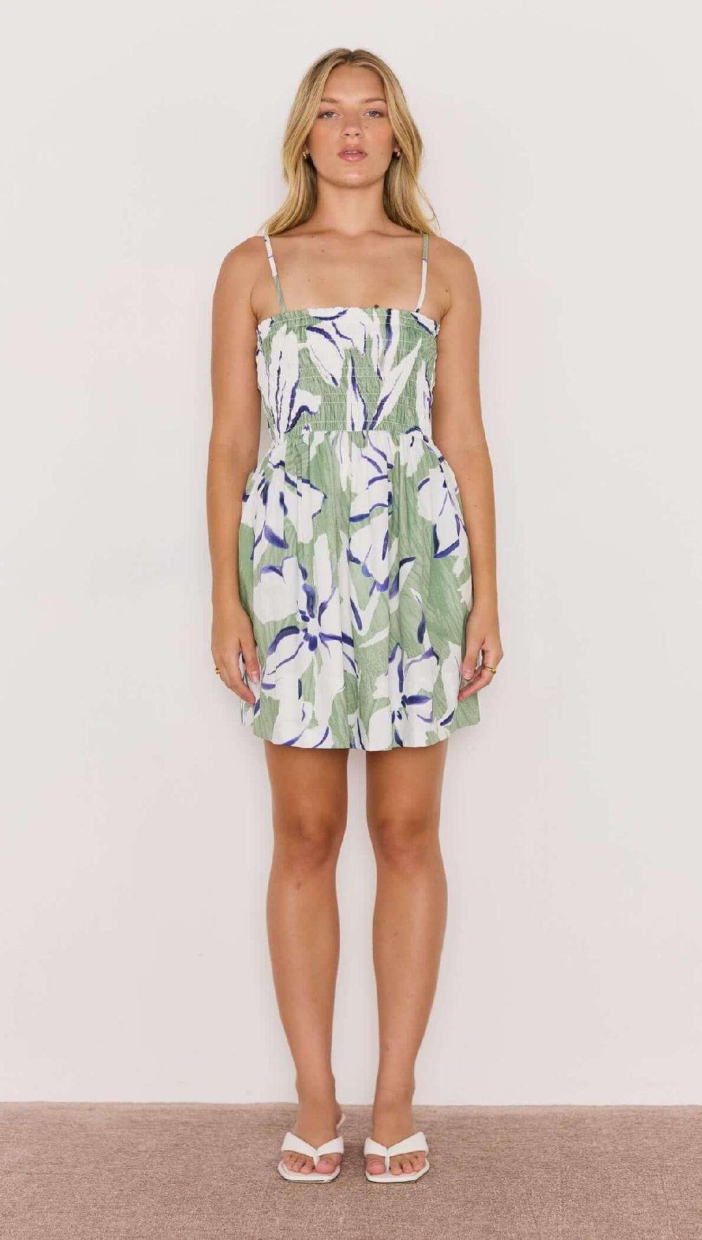 Minkpink Green & White Shirred Mini Dress