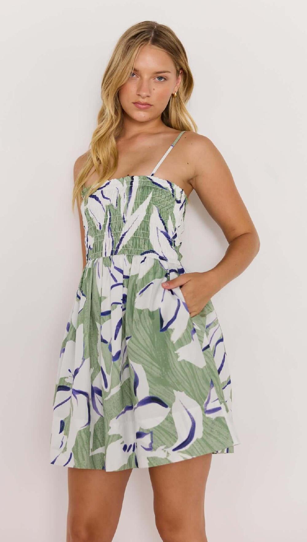 Minkpink Green & White Shirred Mini Dress