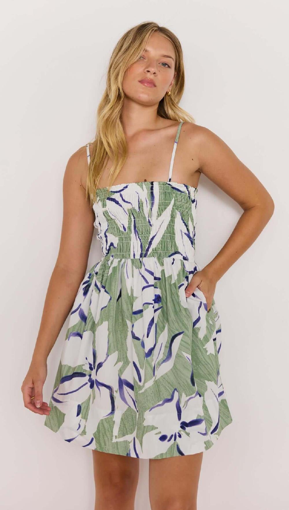 minkpink Green & White Shirred Mini Dress