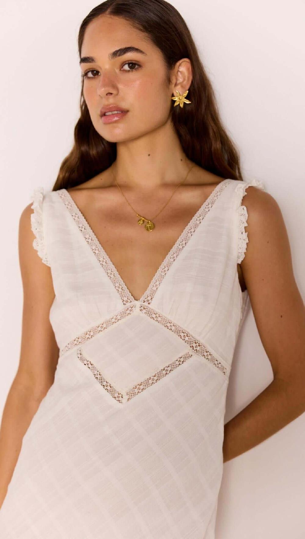 Minkpink Lace Detail White Cotton Midi Dress