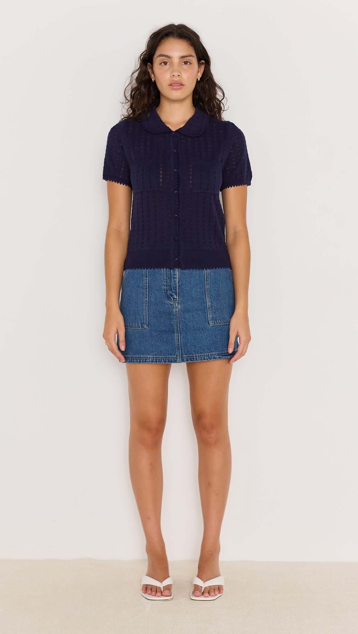 Minkpink Lila Pointelle Knit Tee - Navy