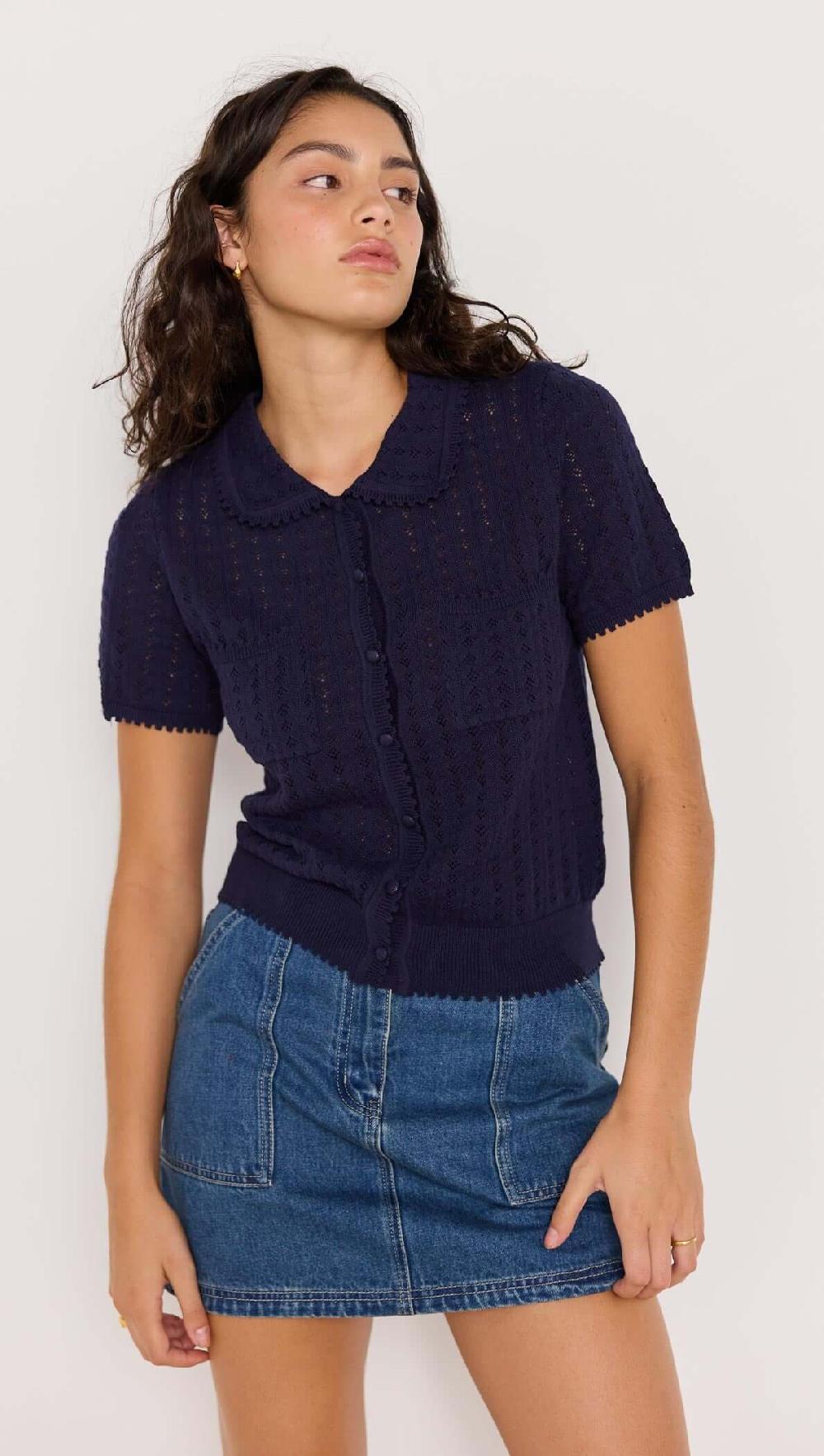 Minkpink Lila Pointelle Knit Tee - Navy
