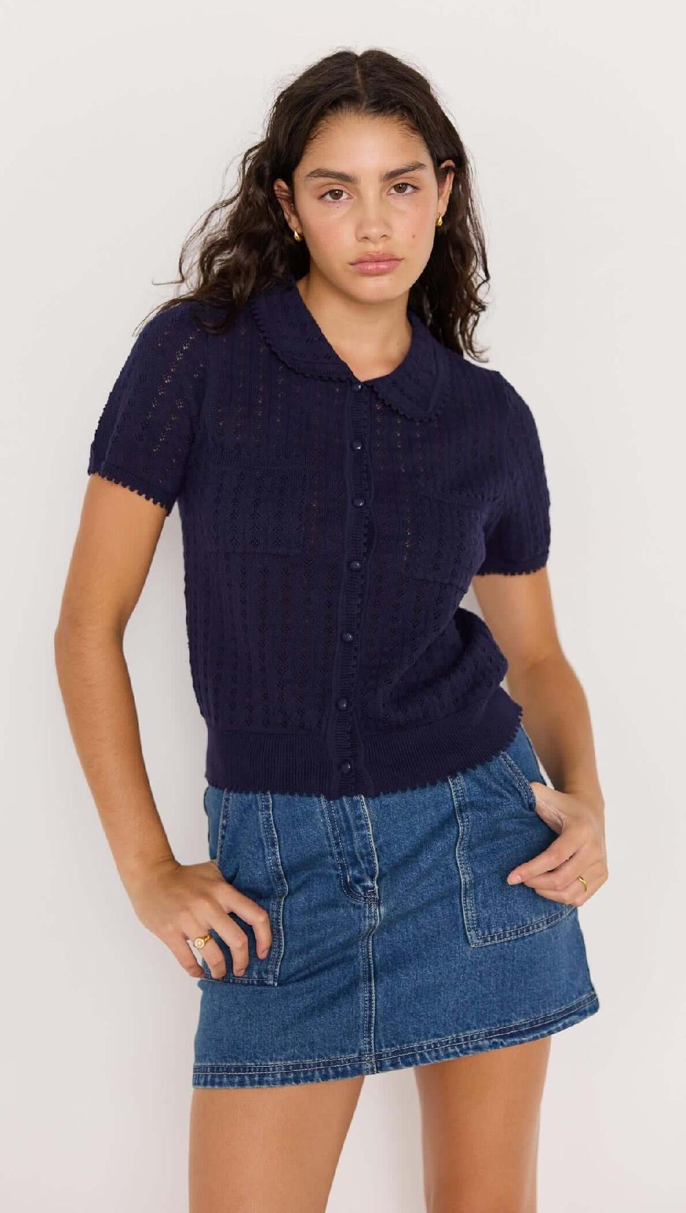 minkpink Lila Pointelle Knit Tee - Navy