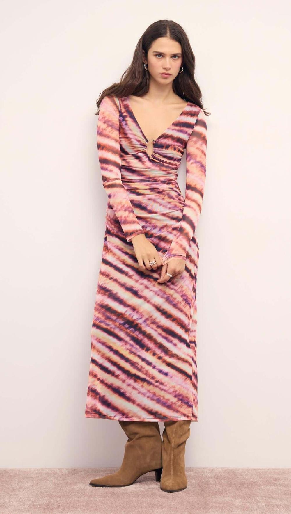 Minkpink Pink & Purple Striped Mesh Midi Dress