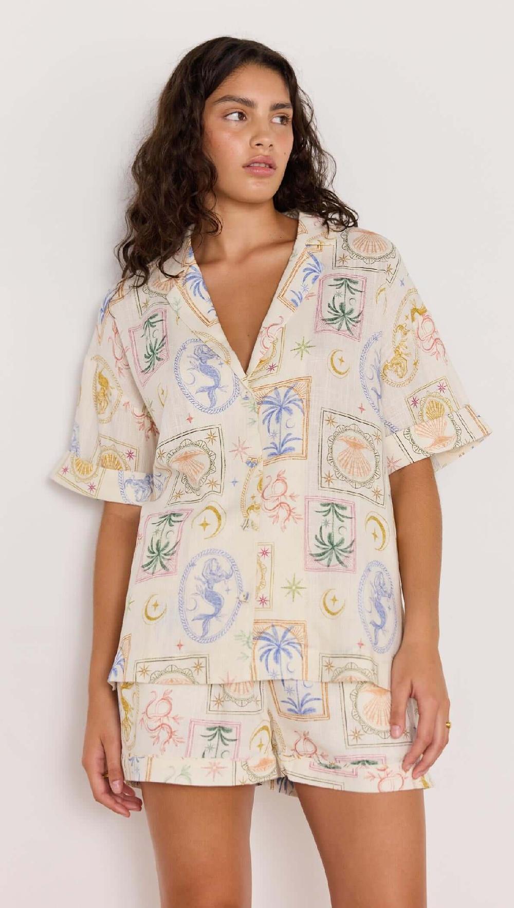 minkpink Printed Linen Blend Loose Resort Shirt