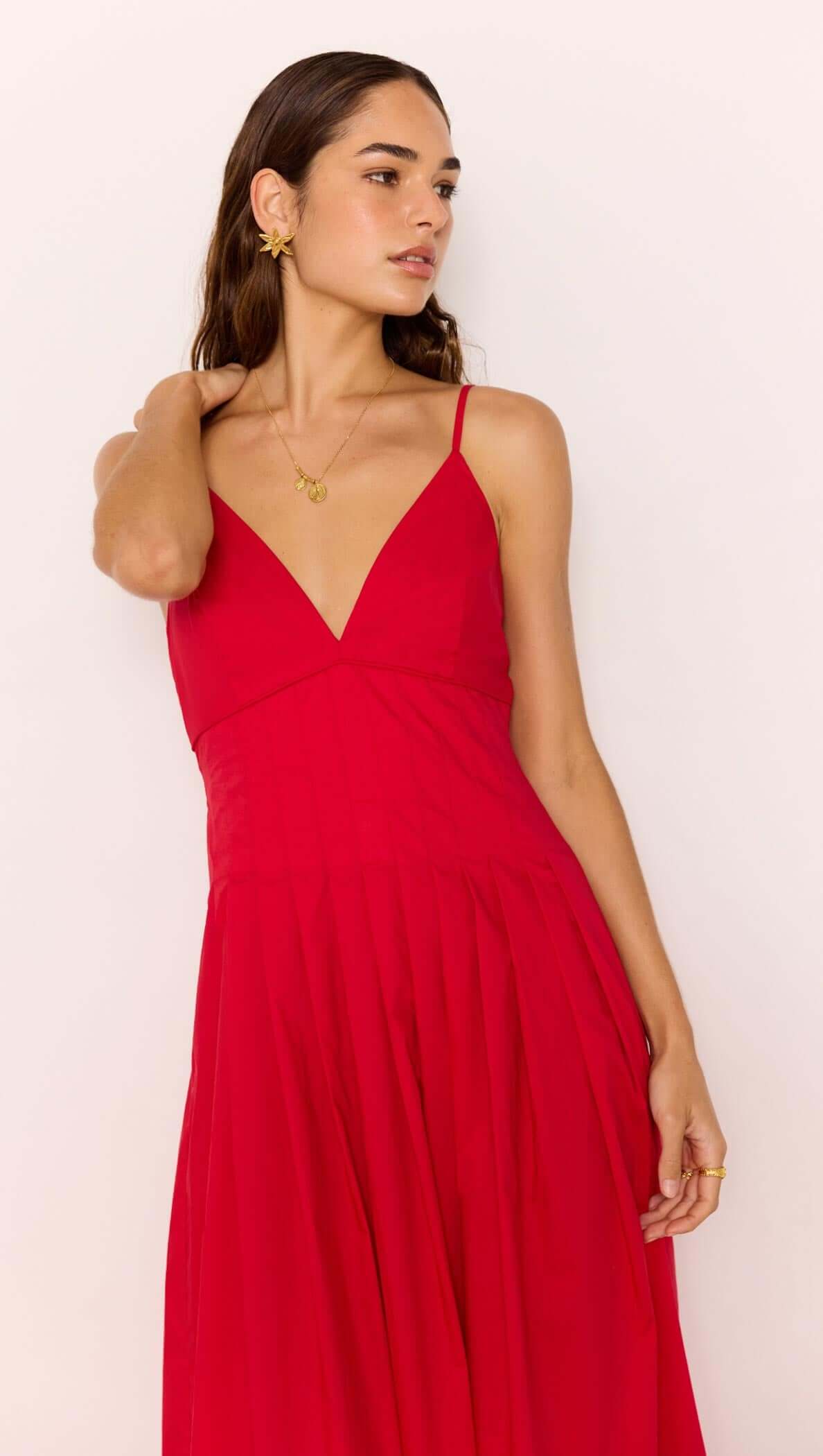 Minkpink Red Cotton Linen Blend V-Neck Midi Dress