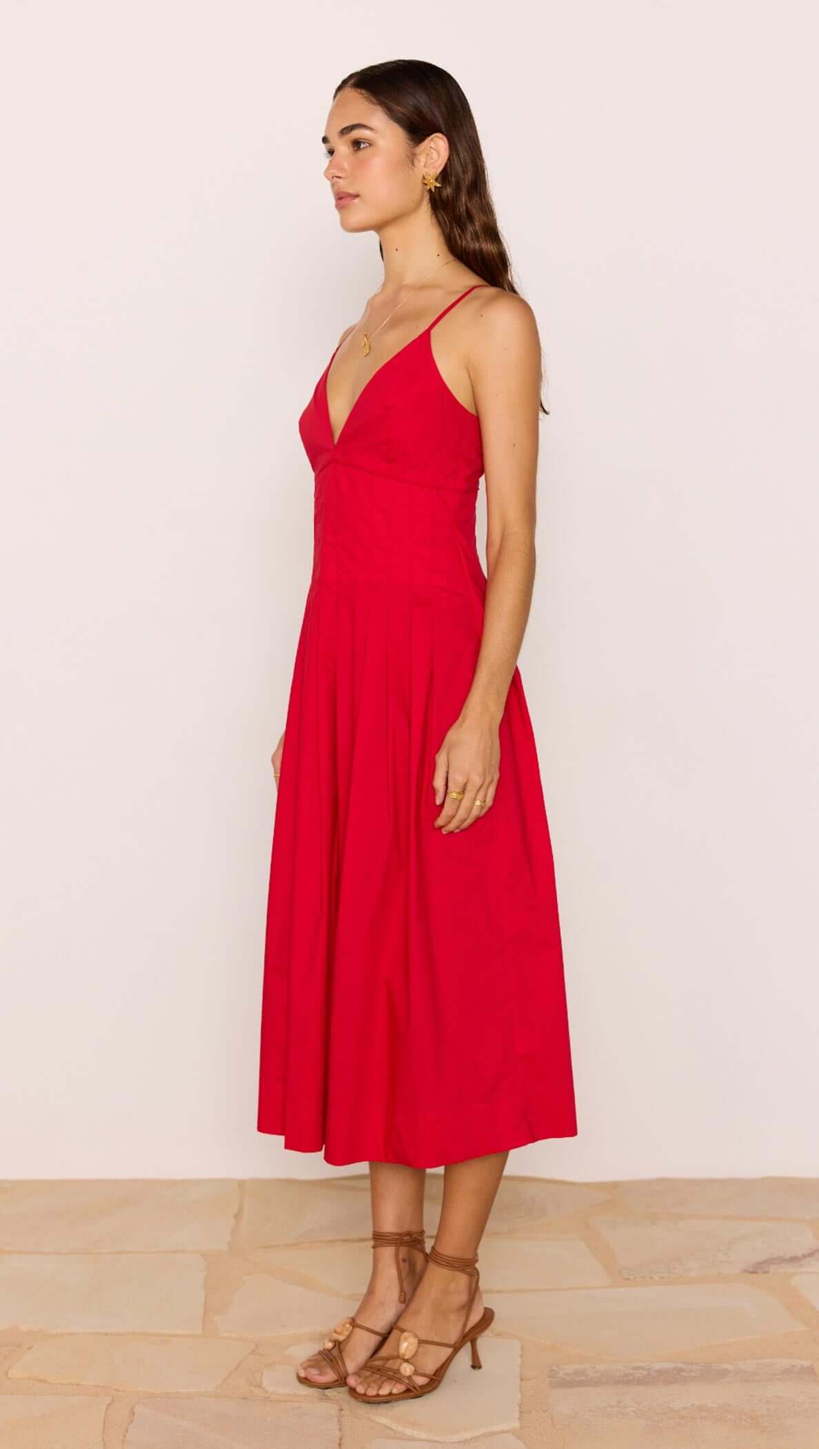 Minkpink Red Cotton Linen Blend V-Neck Midi Dress
