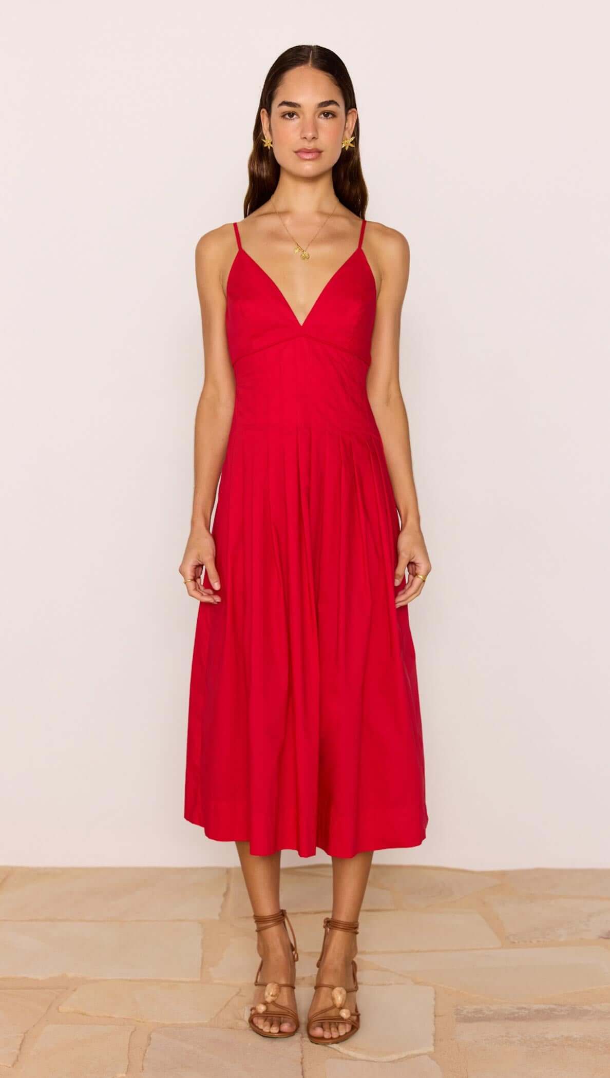 minkpink Red Cotton Linen Blend V-Neck Midi Dress