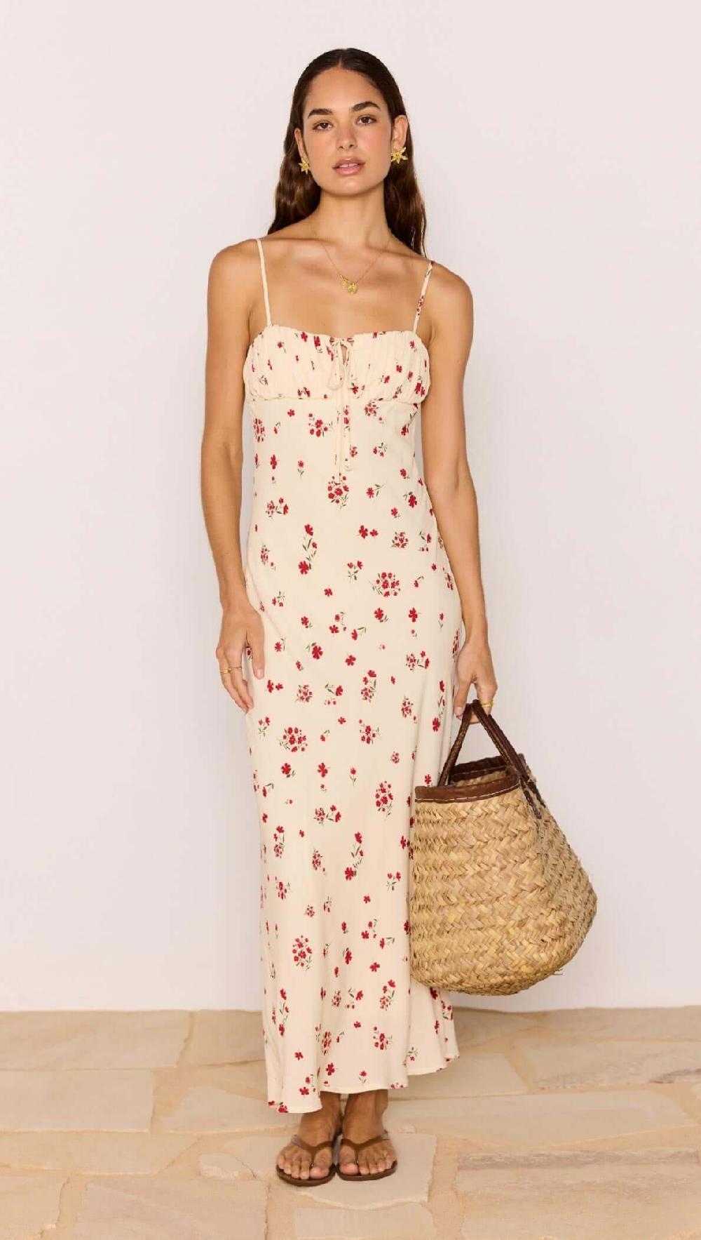 Minkpink Red & Cream Floral Bias Midi Dress