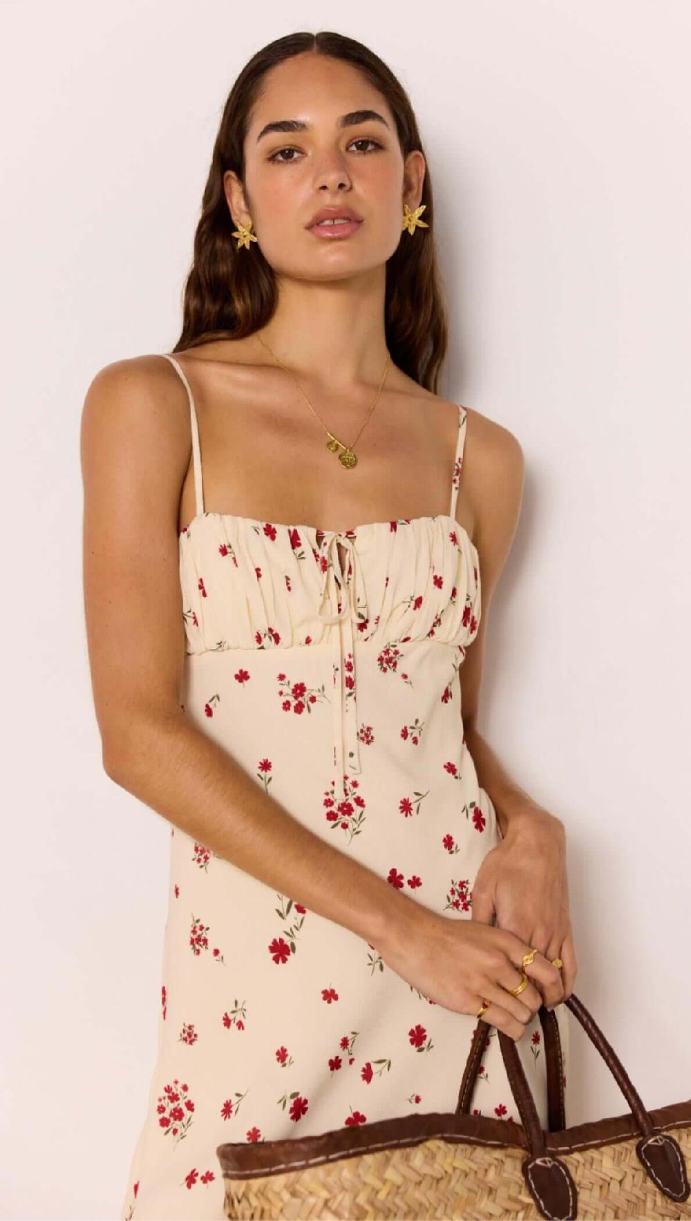 Minkpink Red & Cream Floral Bias Midi Dress