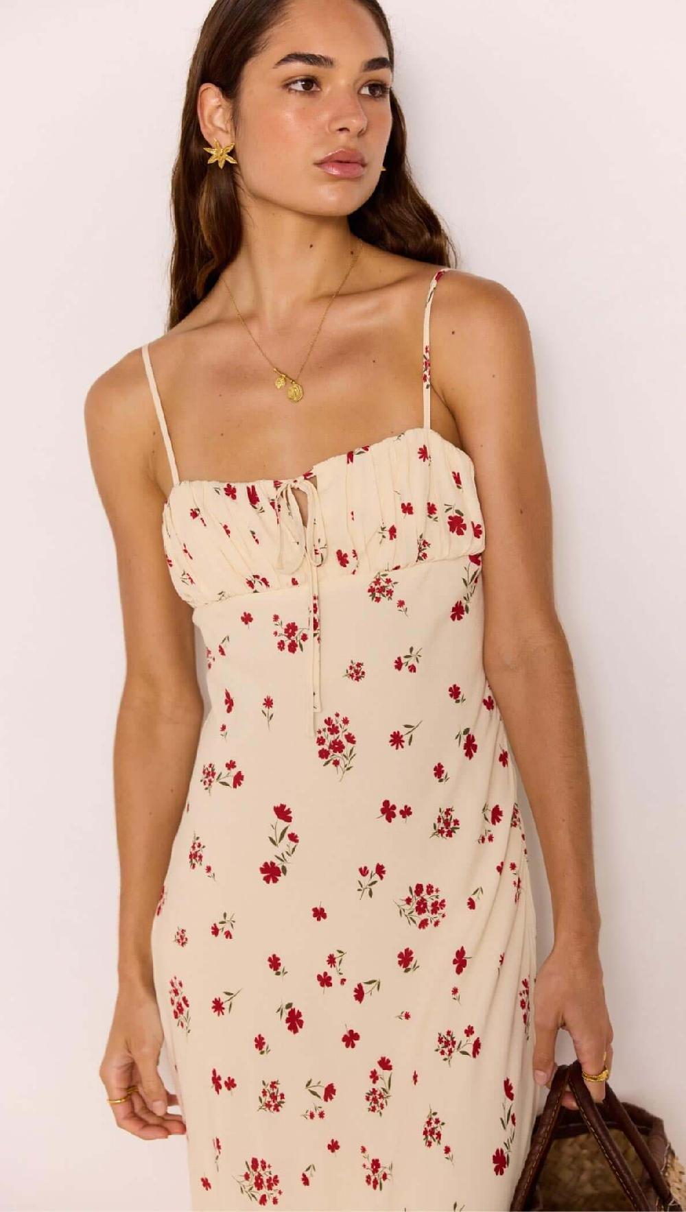Minkpink Red & Cream Floral Bias Midi Dress