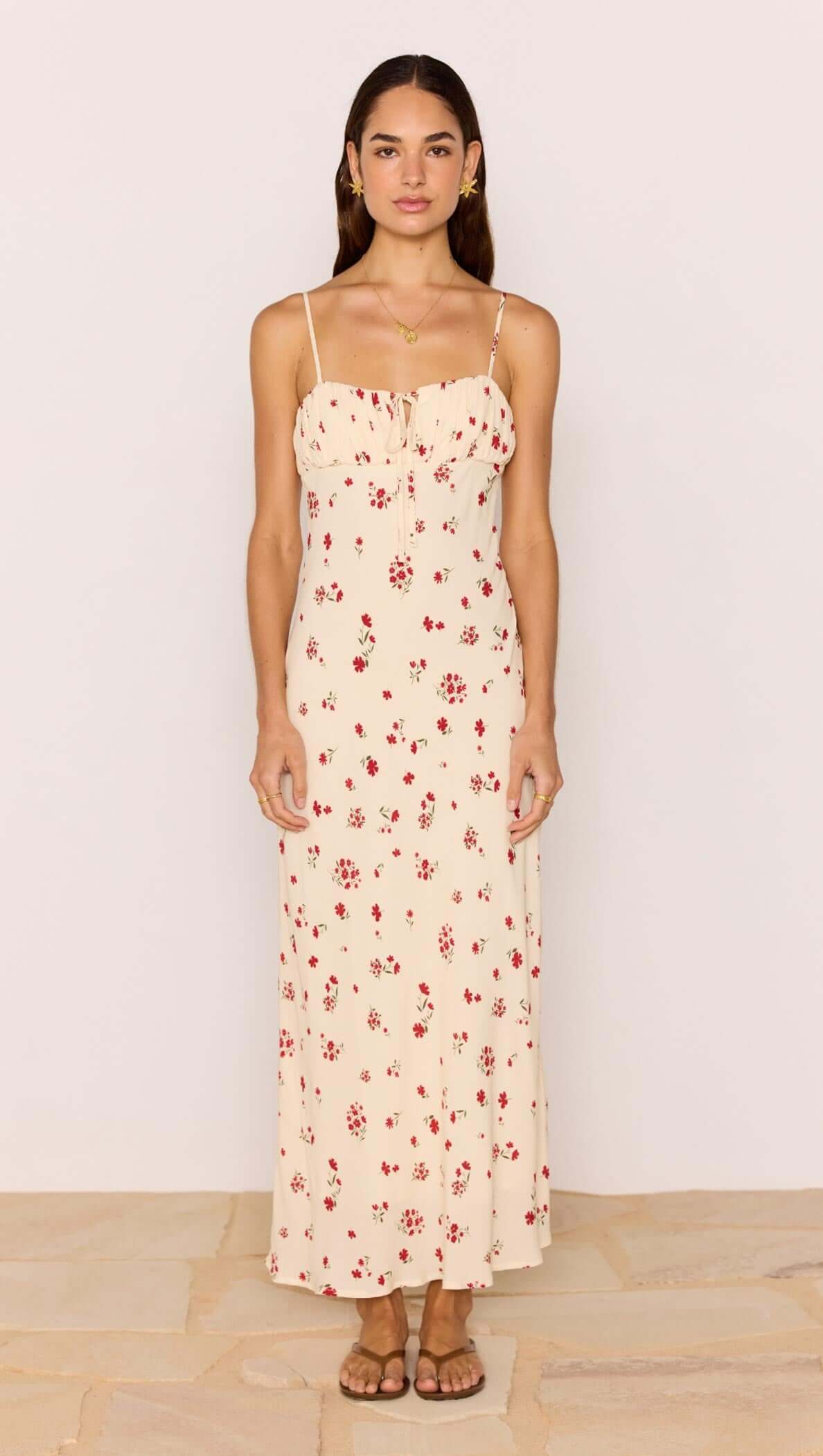 minkpink Red & Cream Floral Bias Midi Dress