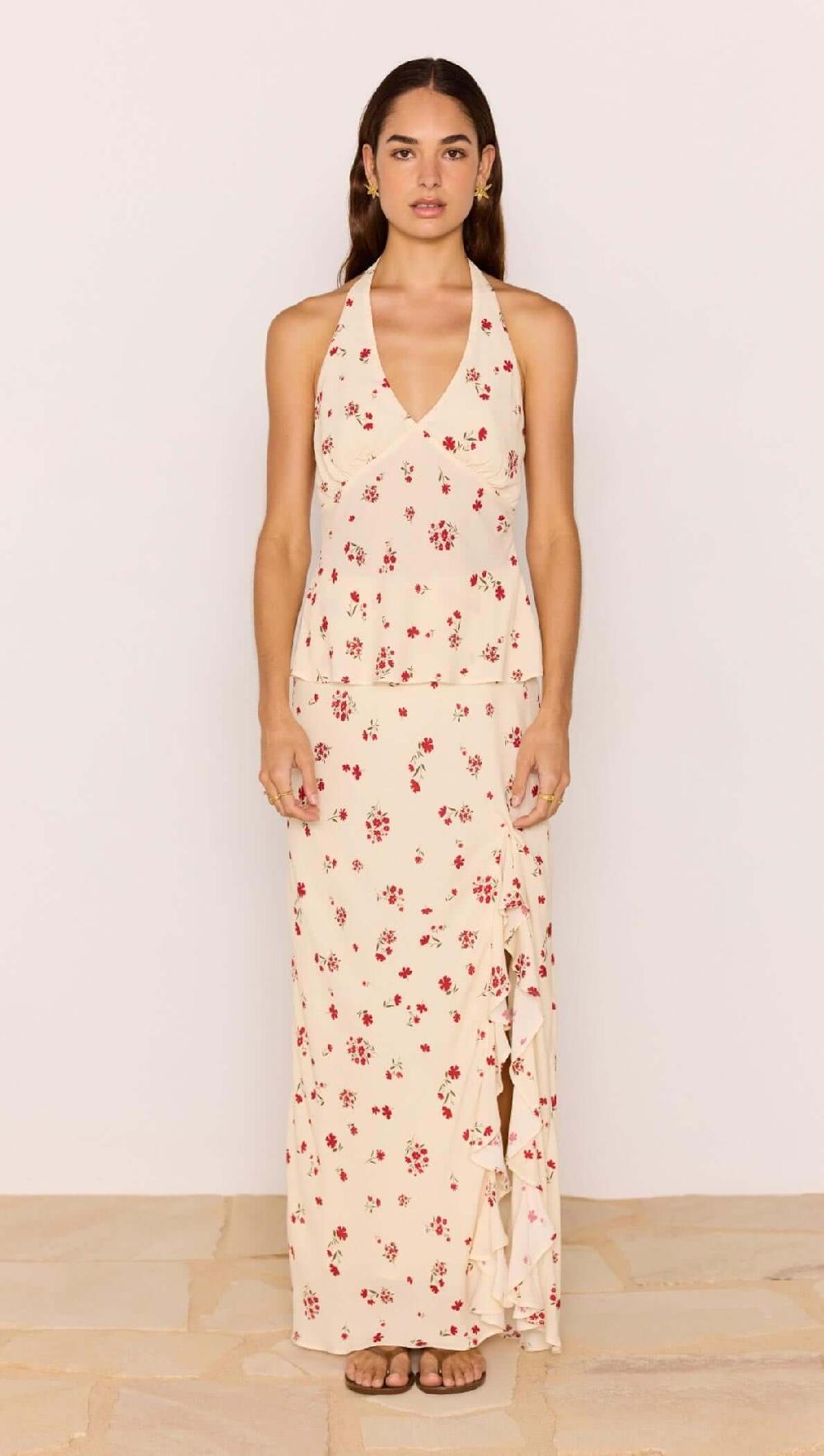 Minkpink Red & Cream Floral Halter Bias Top