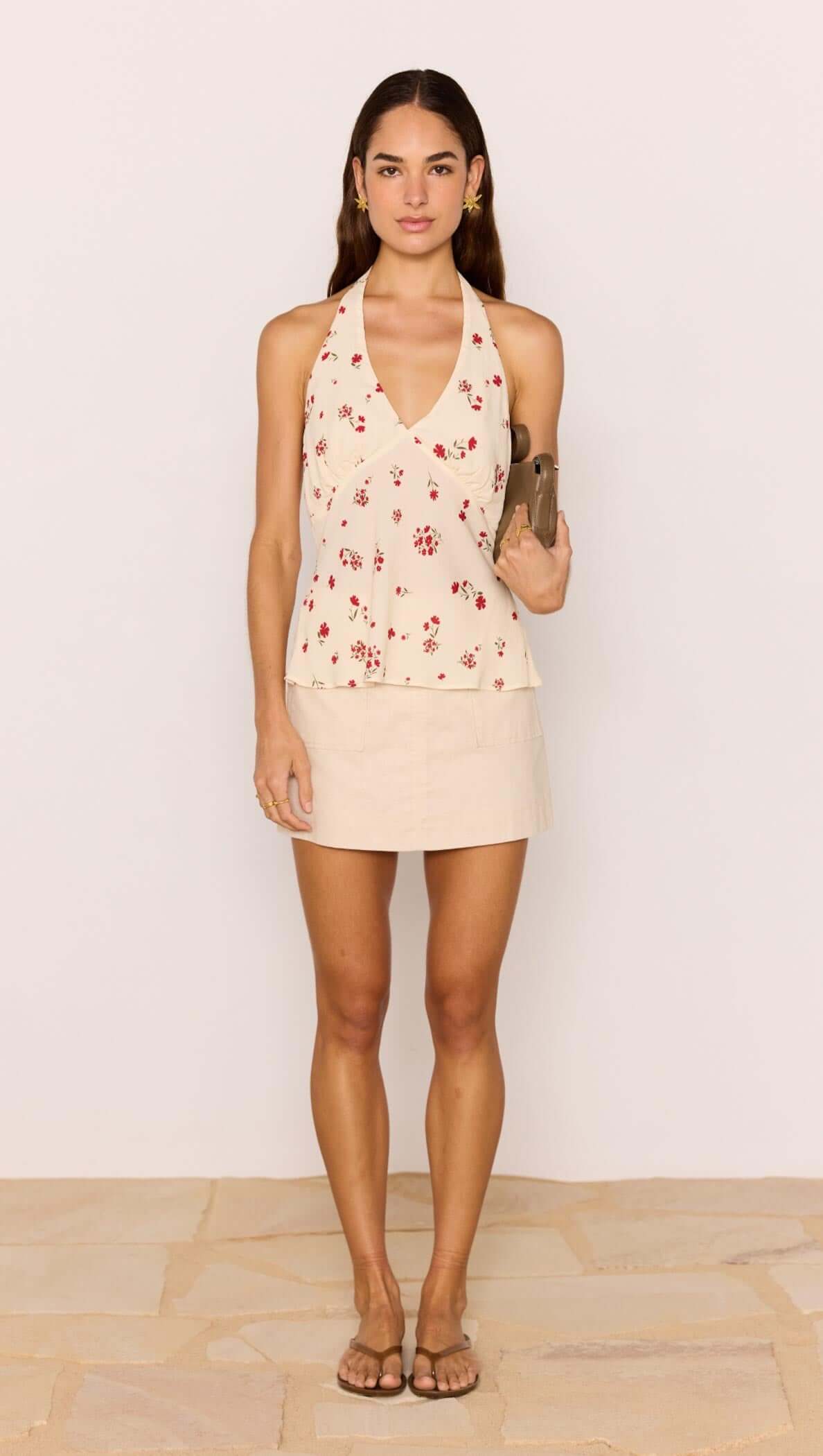 Minkpink Red & Cream Floral Halter Bias Top