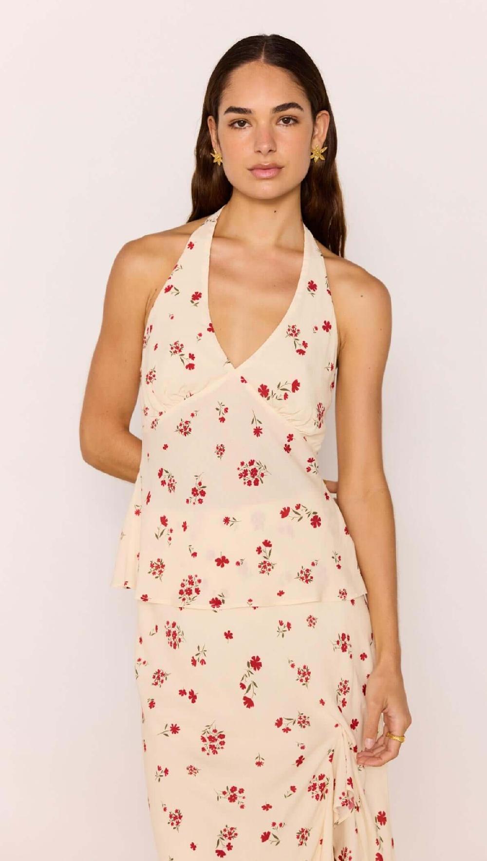 minkpink Red & Cream Floral Halter Bias Top