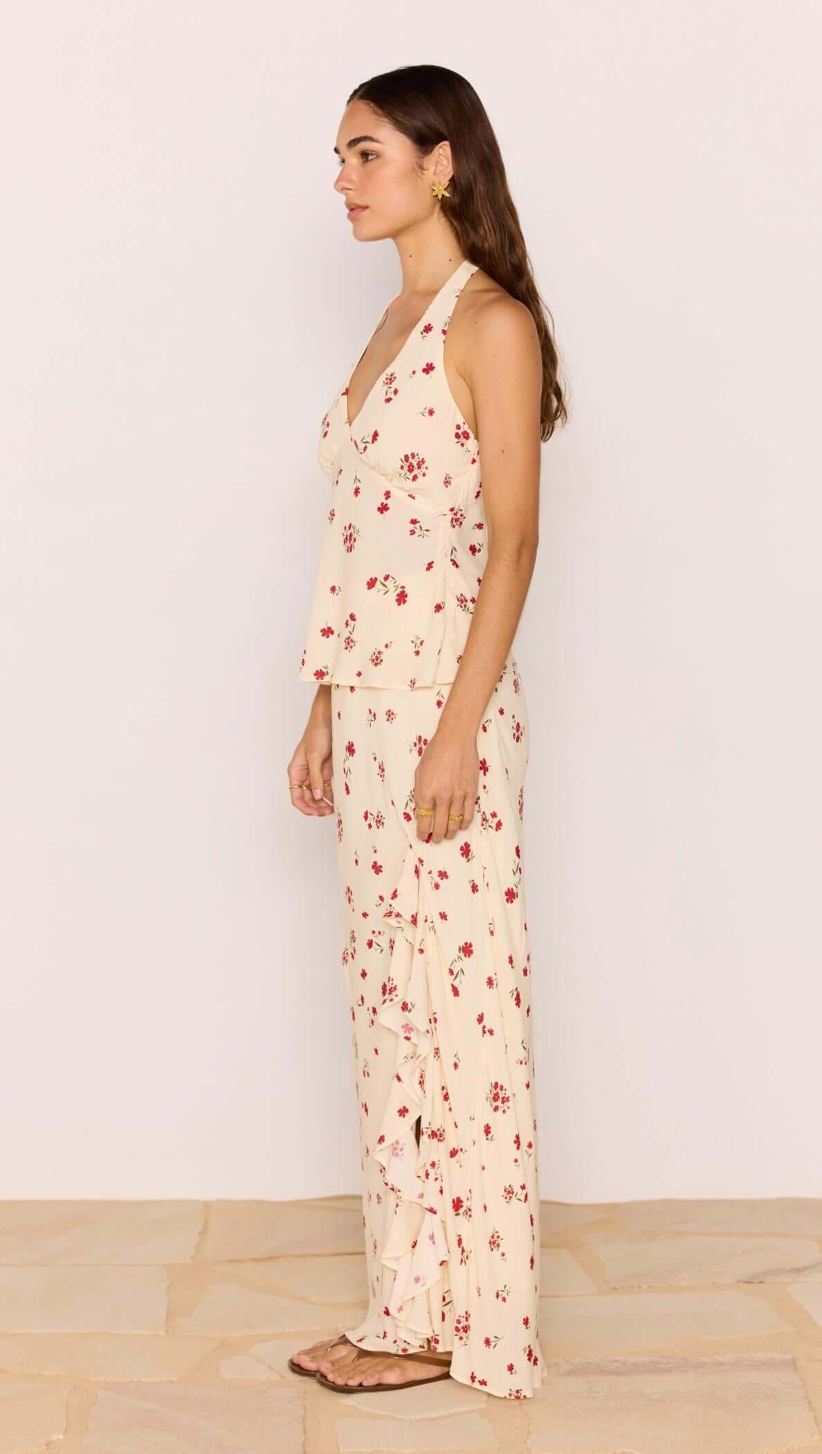 Minkpink Red & Cream Floral Ruffle Bias Maxi Skirt