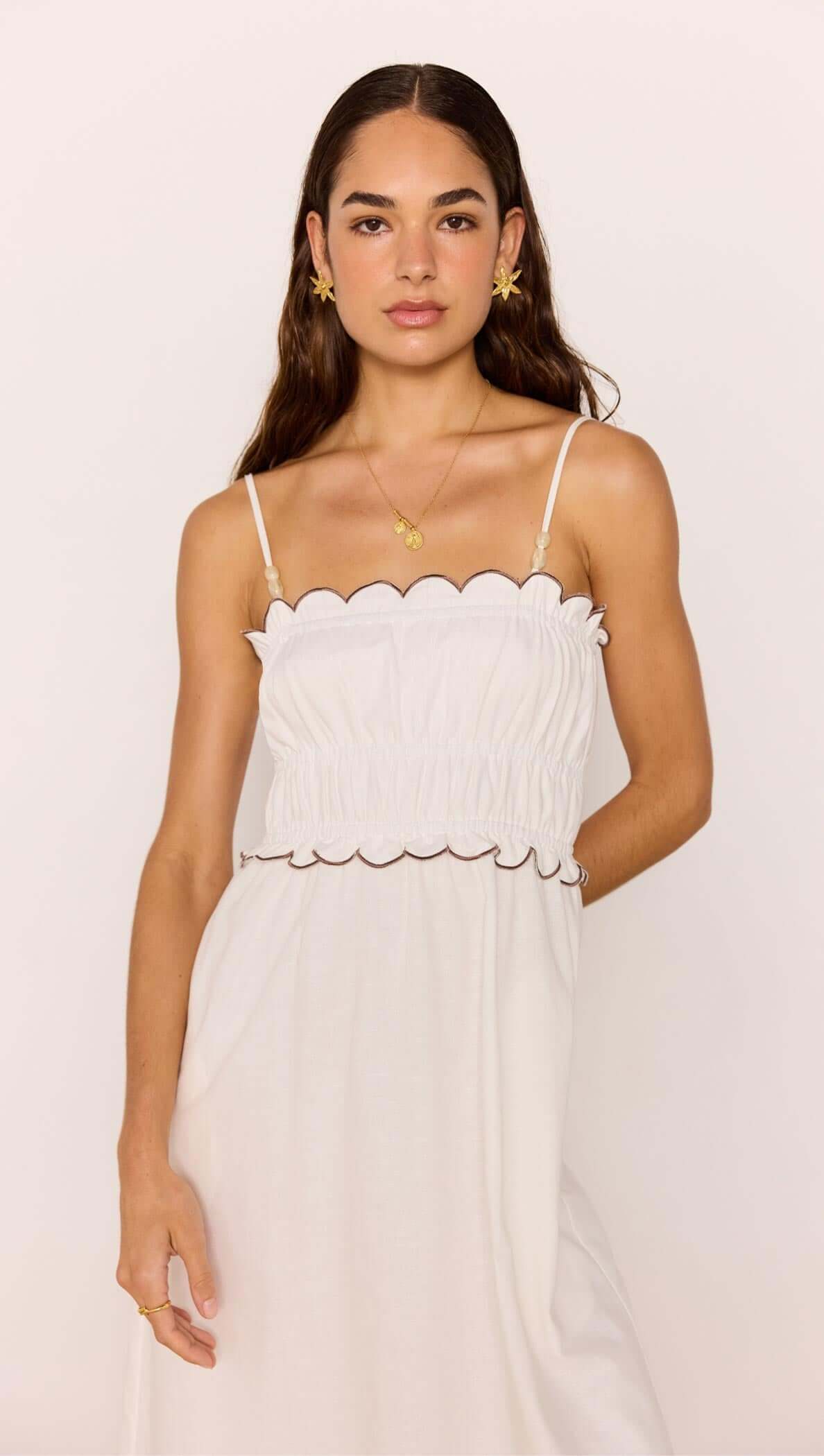 Minkpink Scallop Edge Cotton White Midi Dress